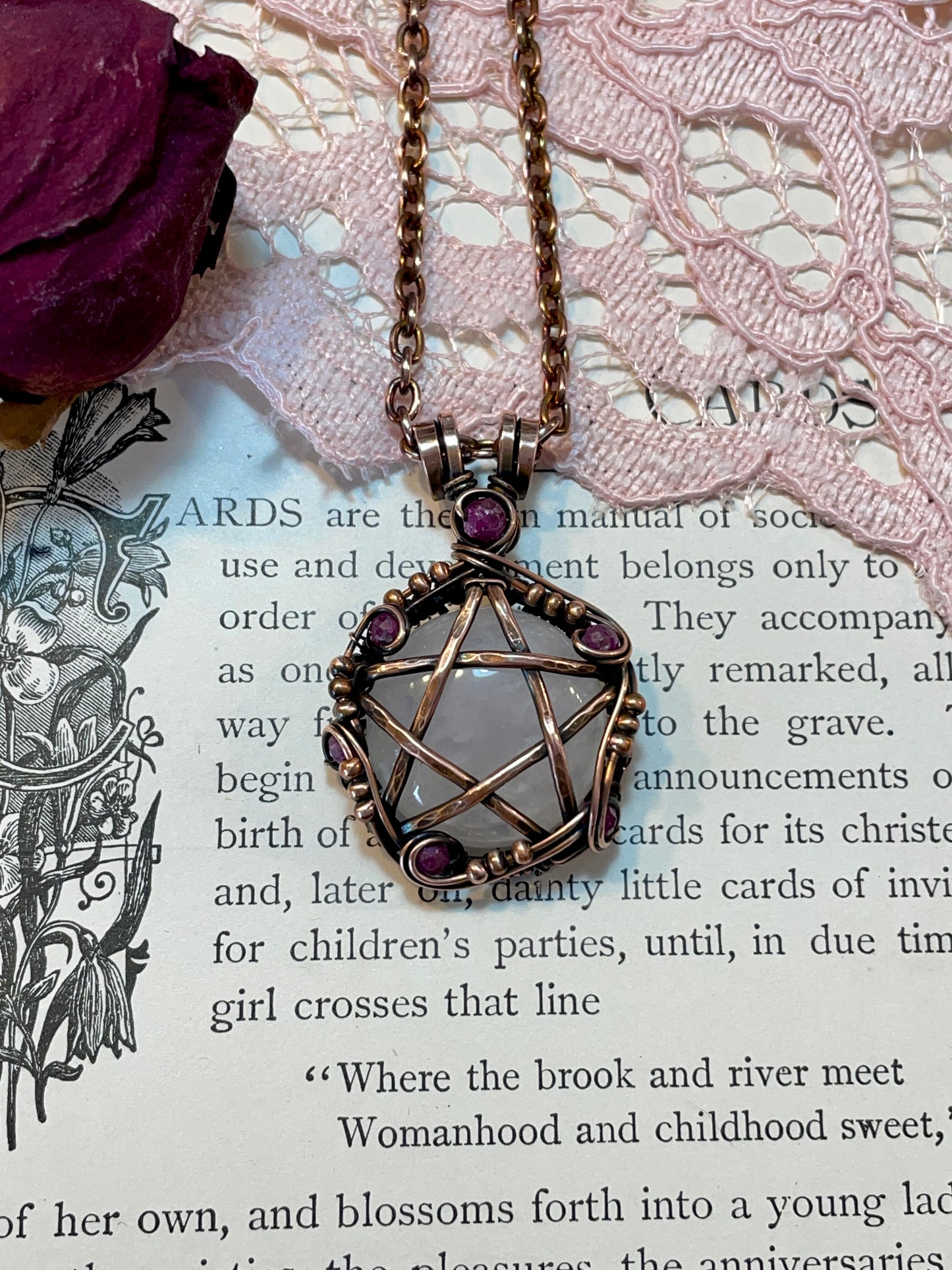 Rose Quartz and Ruby Pentacle Pendant in Copper #2