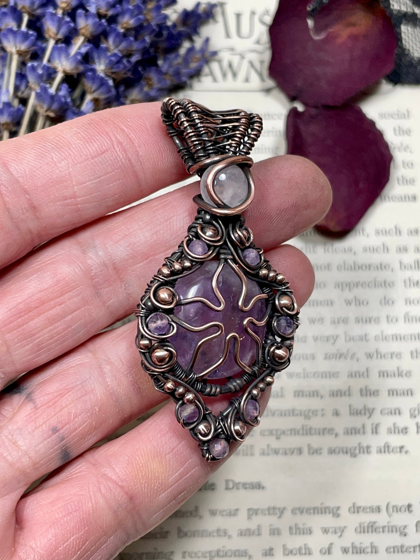 Amethyst Quartz Flower Pendant in Copper