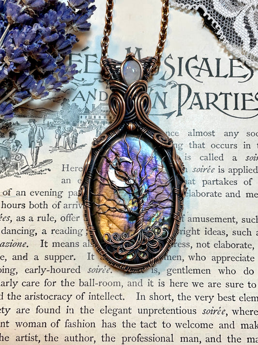 Labradorite Crescent Moon Tree of Life Amulet in Copper