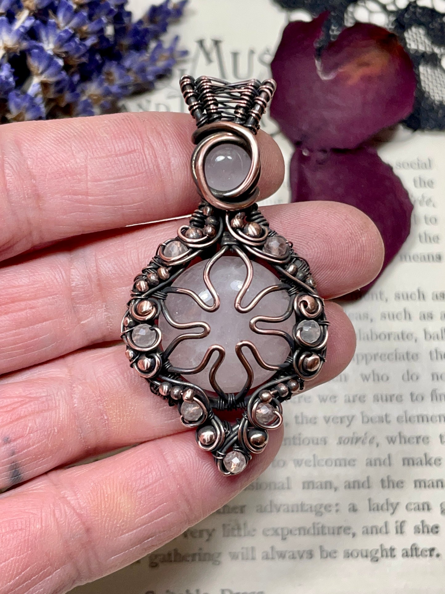 Rose Quartz Flower Pendant in Copper