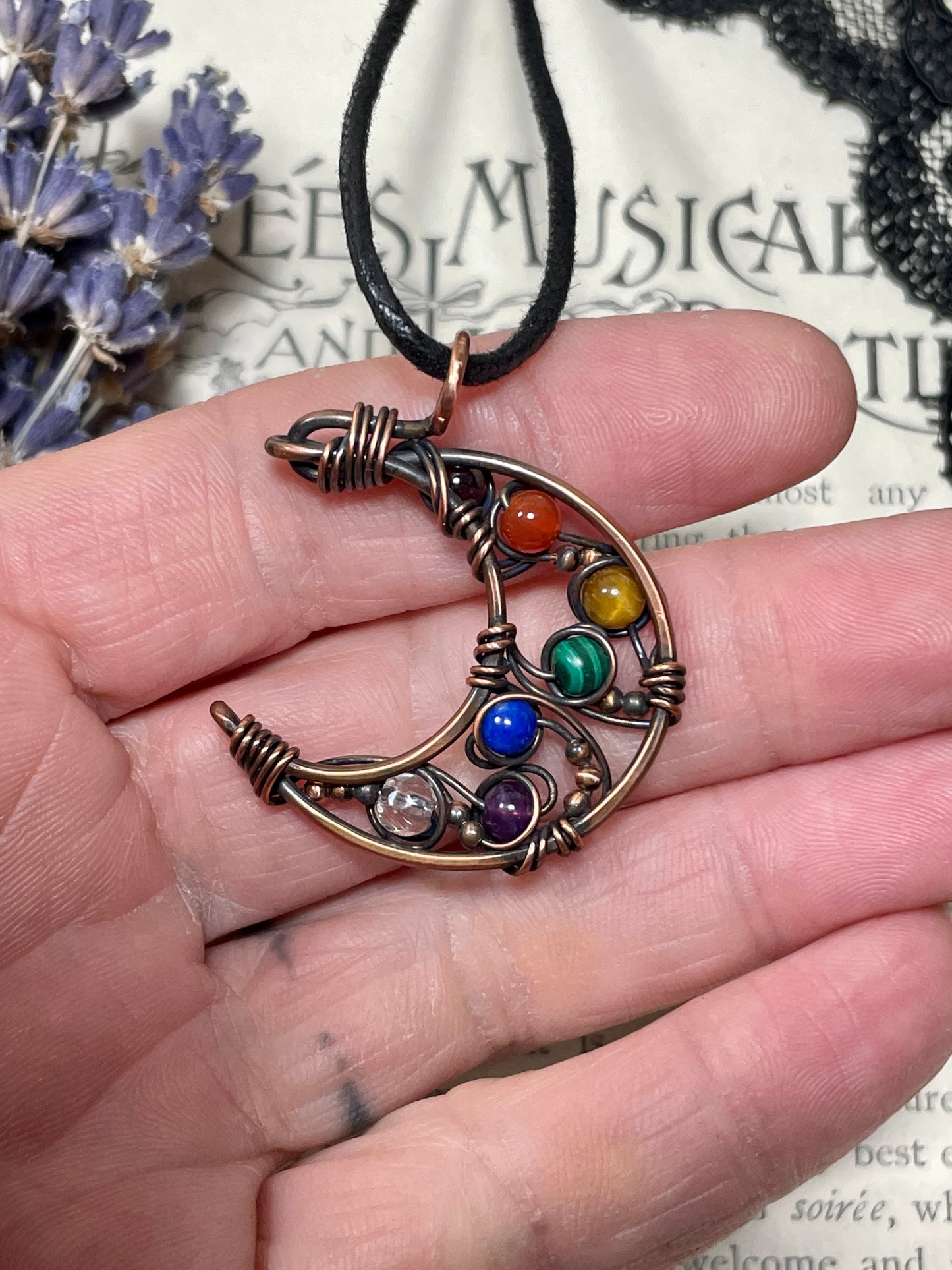 Chakra Rainbow Crescent Moon Pendant in Copper