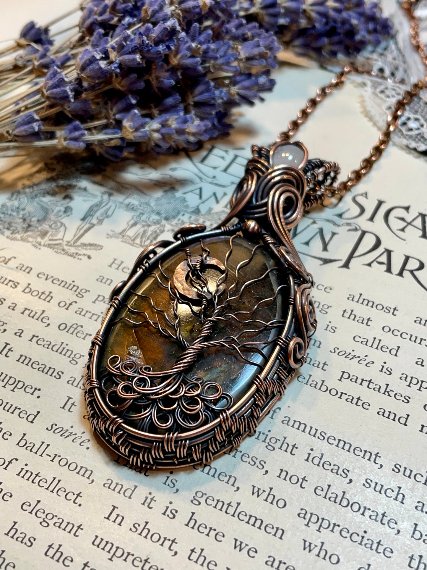 Labradorite Crescent Moon Tree of Life Amulet in Copper