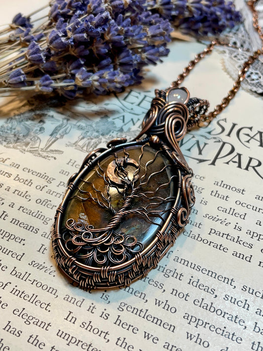 Labradorite Crescent Moon Tree of Life Amulet in Copper