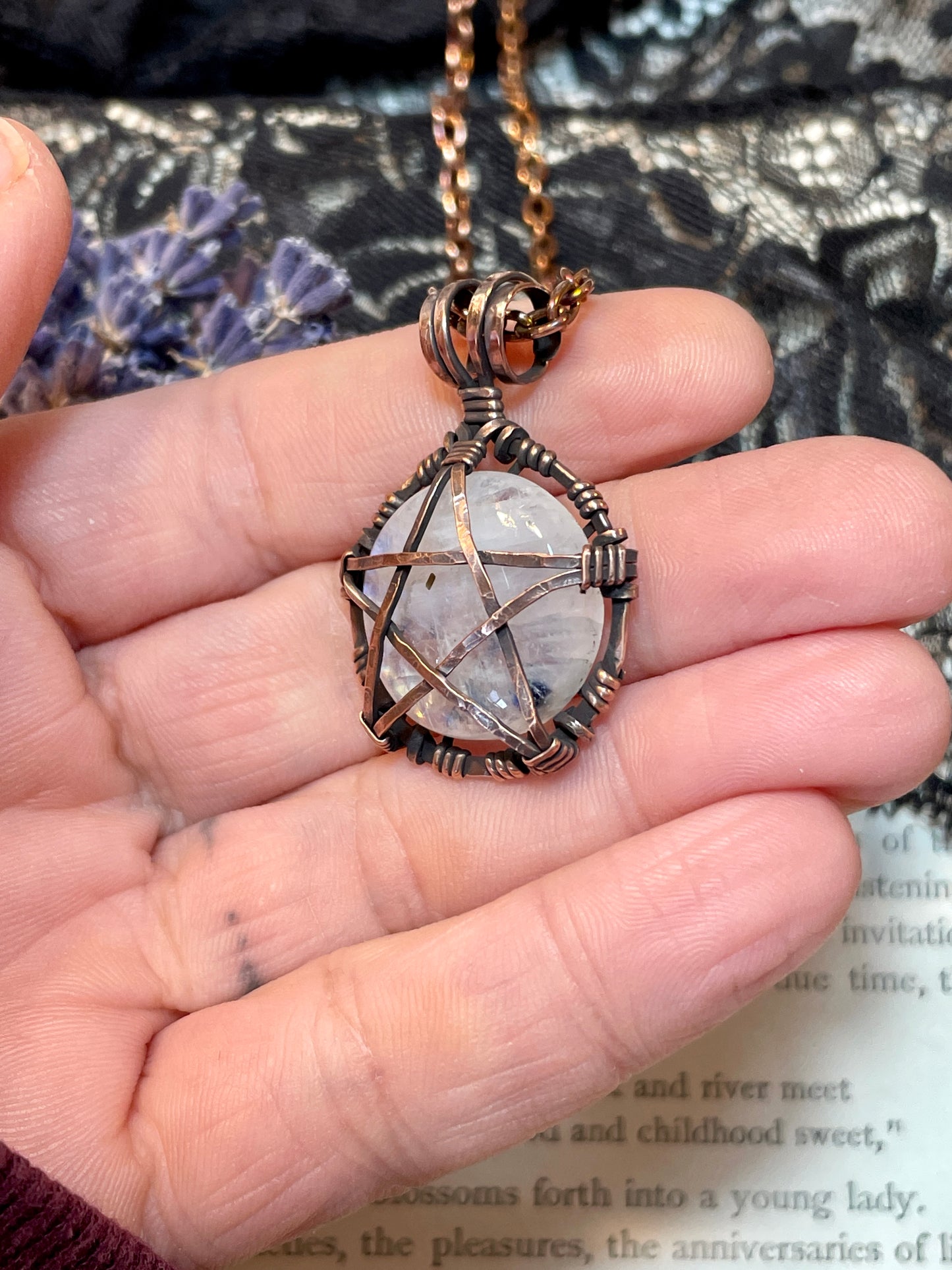 Moonstone (Rainbow Moonstone) Mini Pentacle Pendant in Antiqued Copper