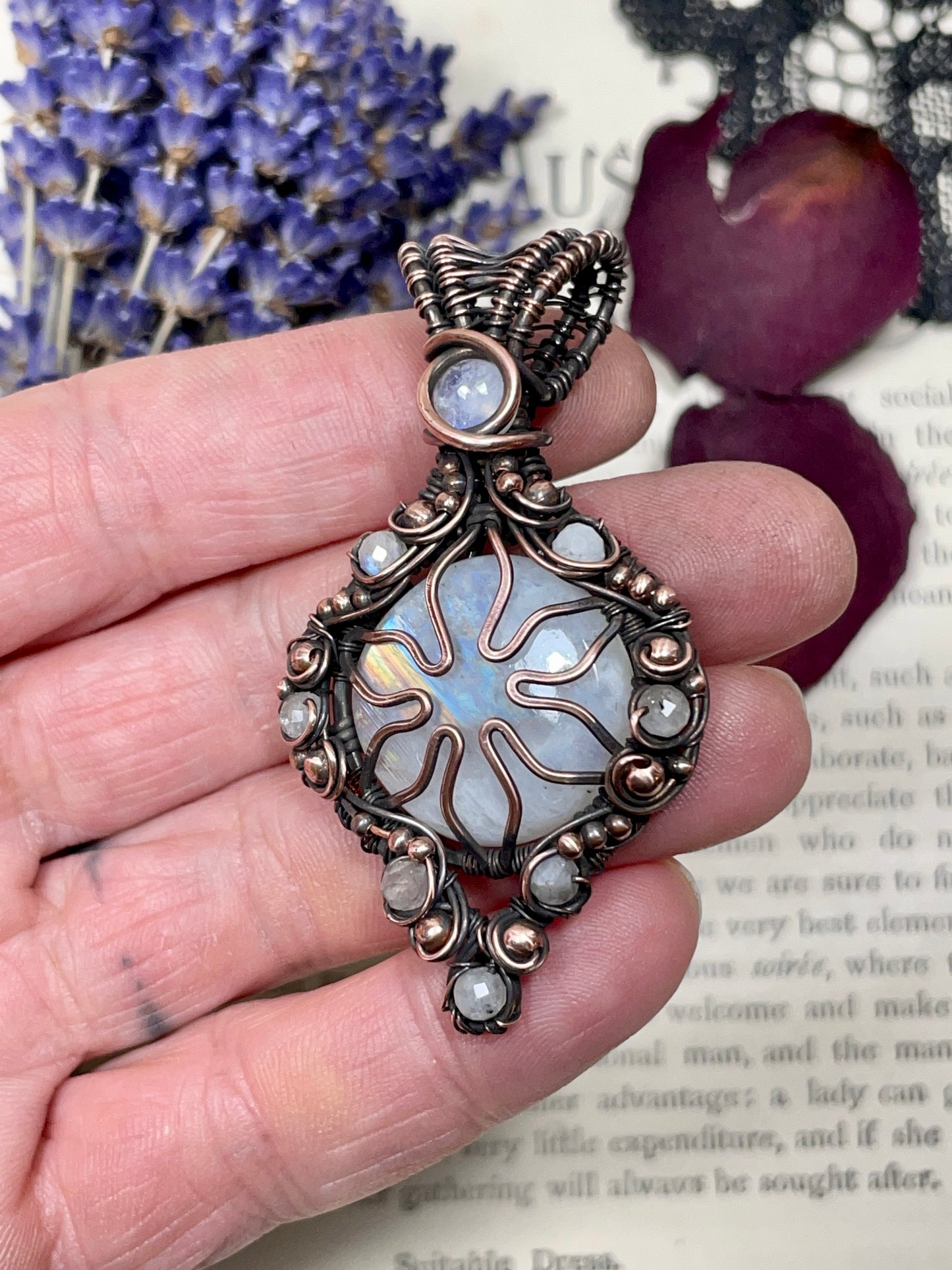 Rainbow Moonstone Flower Pendant in Copper