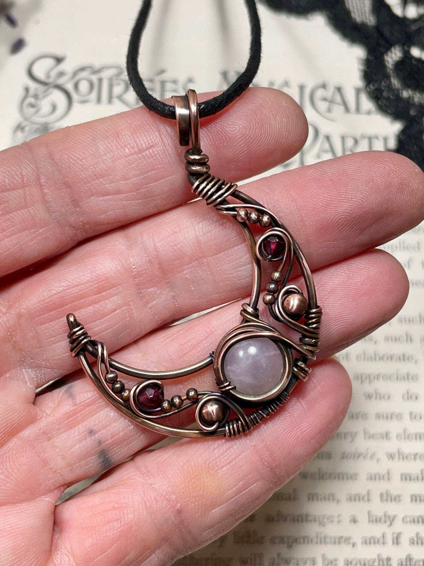 Rose Quartz & Garnet Crescent Moon Pendant in Copper