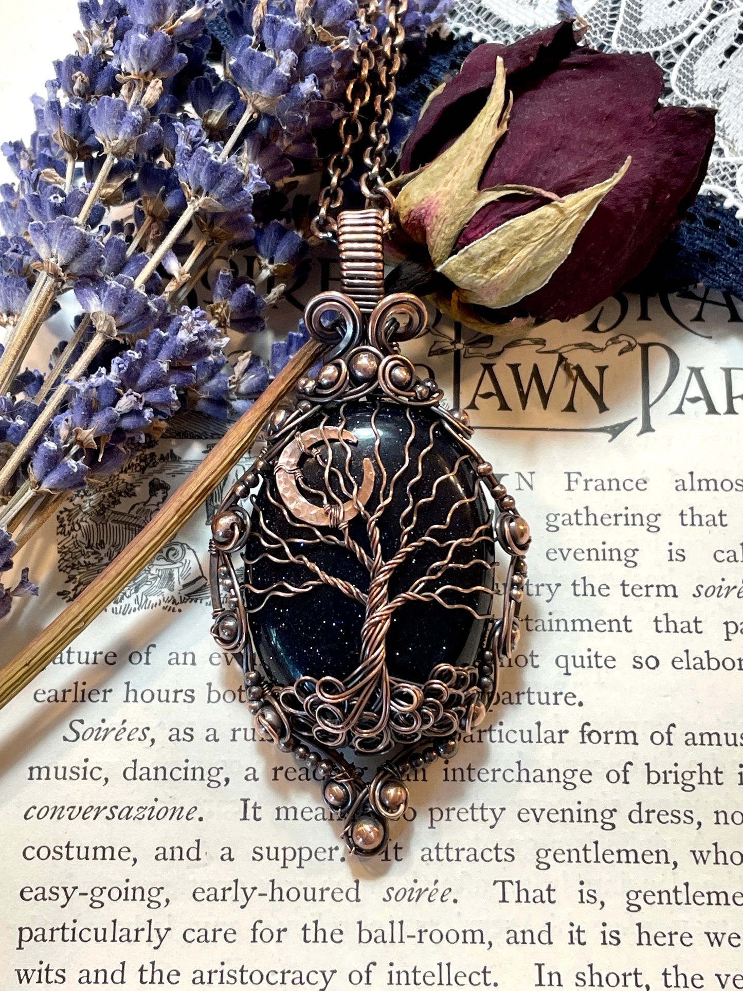 Blue Goldstone Tree of Life Amulet in Copper