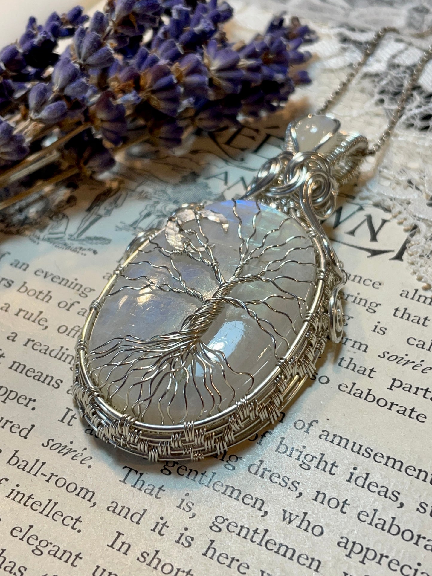 Moonstone (Rainbow Moonstone) Tree of Life Amulet in Sterling Silver