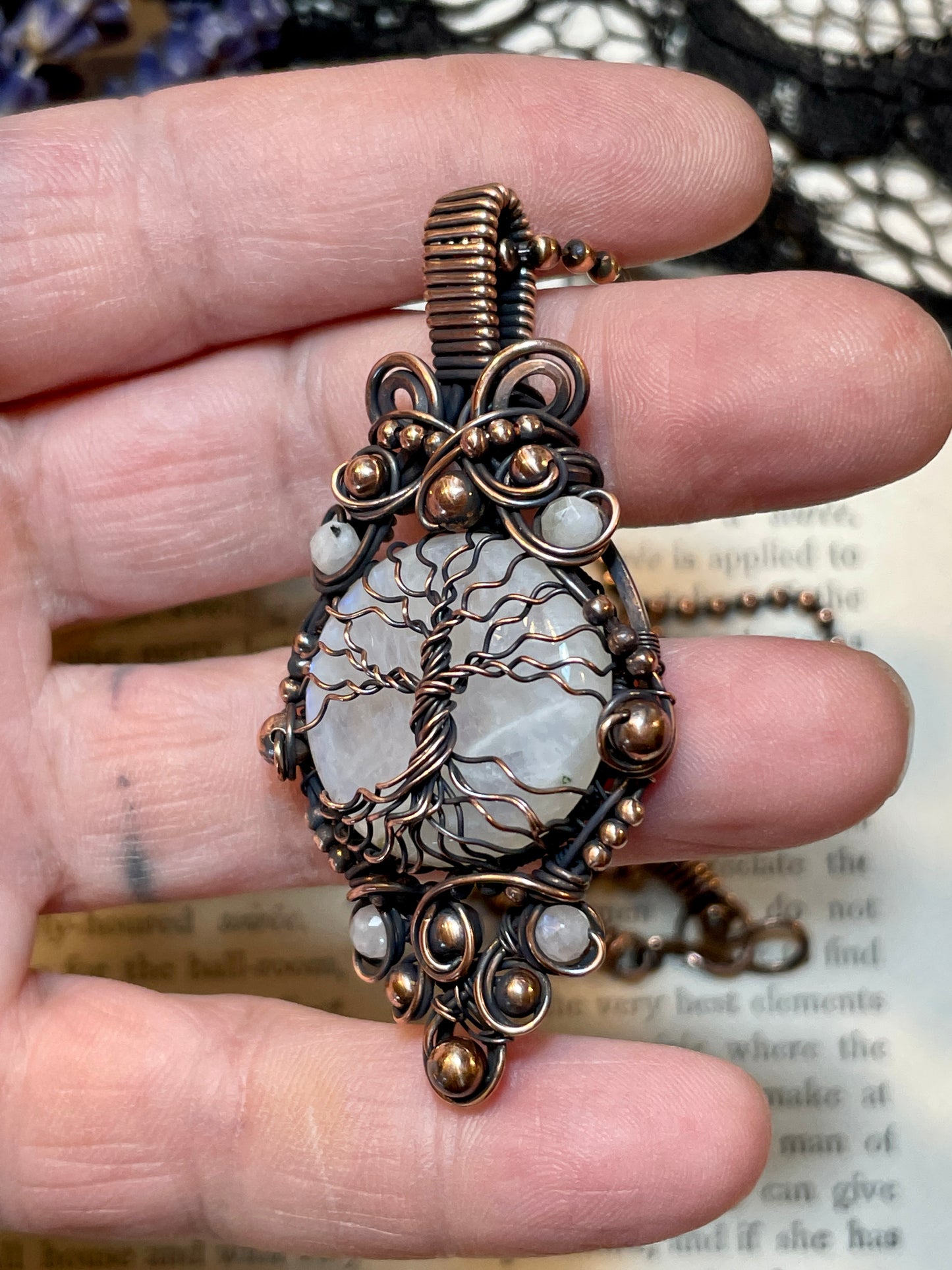 Rainbow Moonstone Tree of Life Amulet in Copper