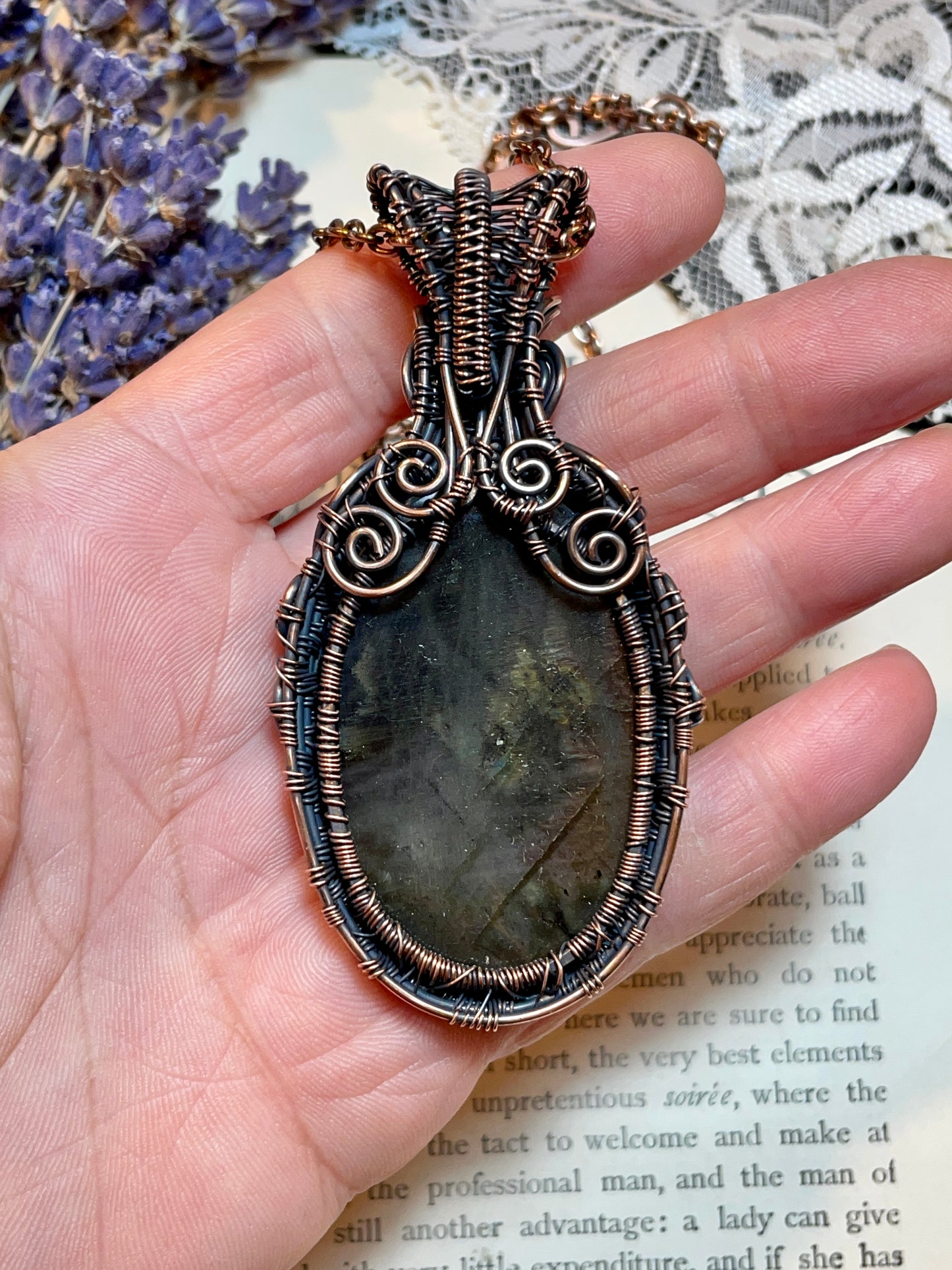 Labradorite Crescent Moon Tree of Life Amulet in Copper