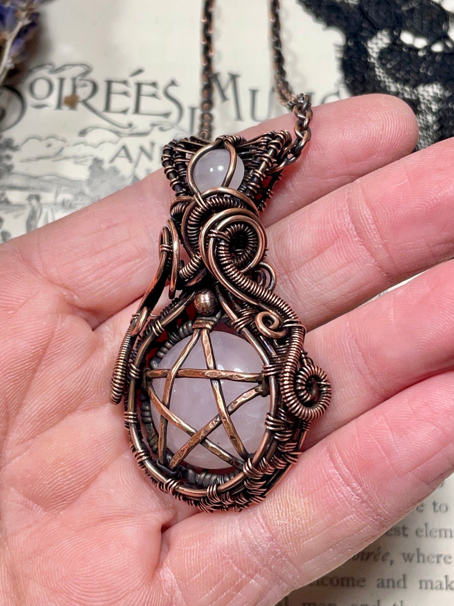Rose Quartz Pentacle Pendant in Copper
