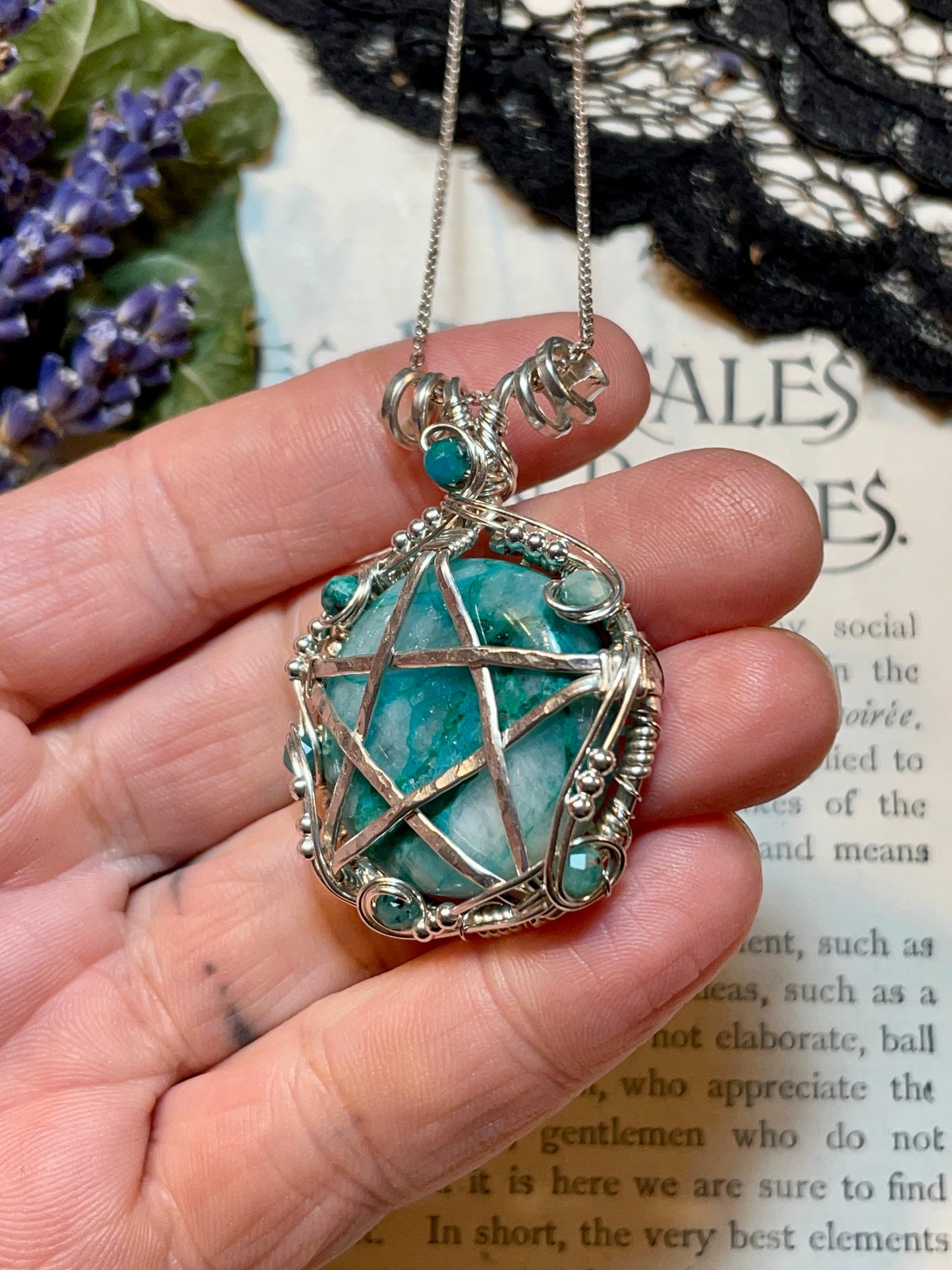 Chrysocolla Quartz Pentacle Pendant in Sterling Silver