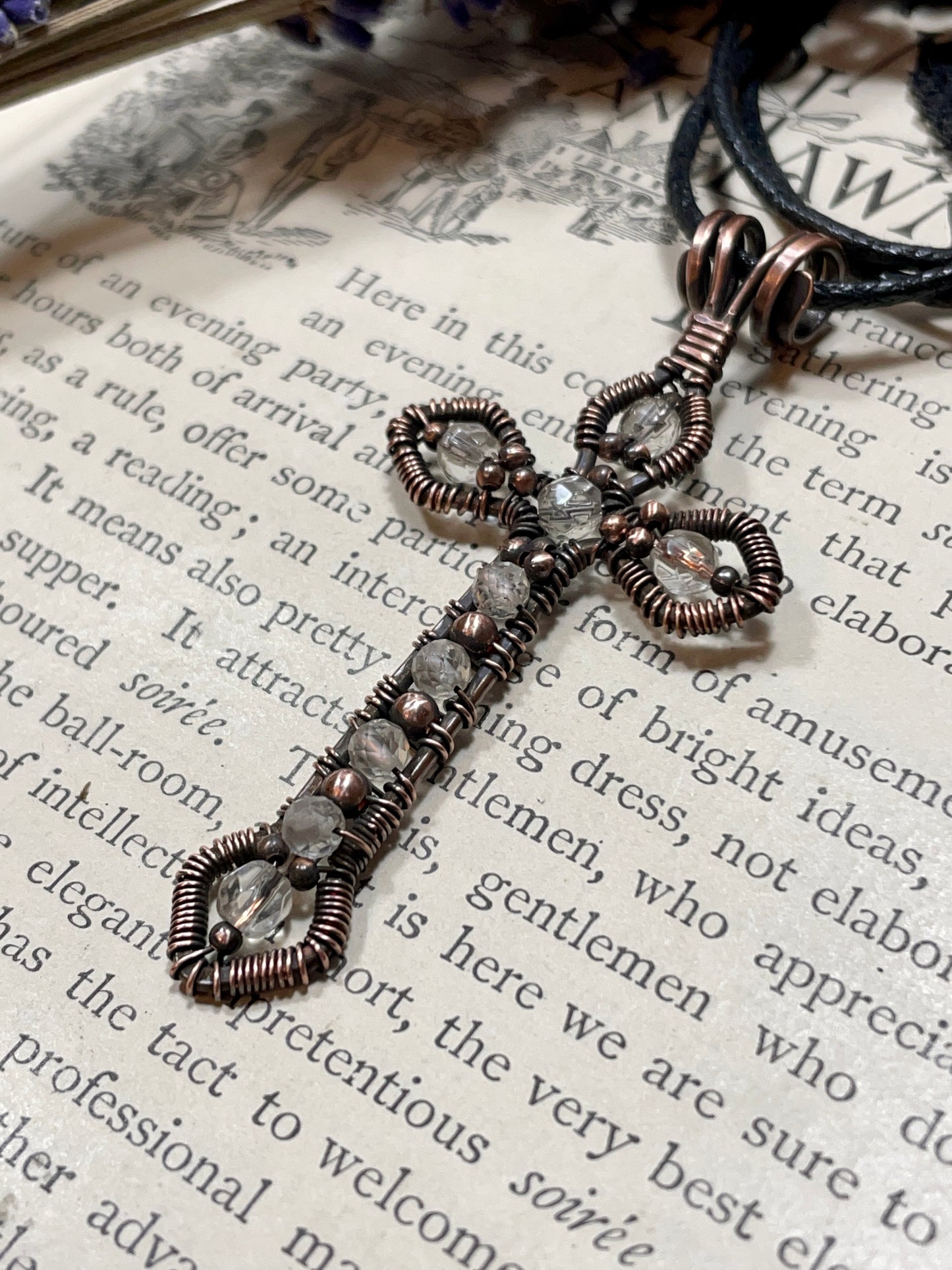Quartz Gothic Cross Pendant in Antiqued Copper