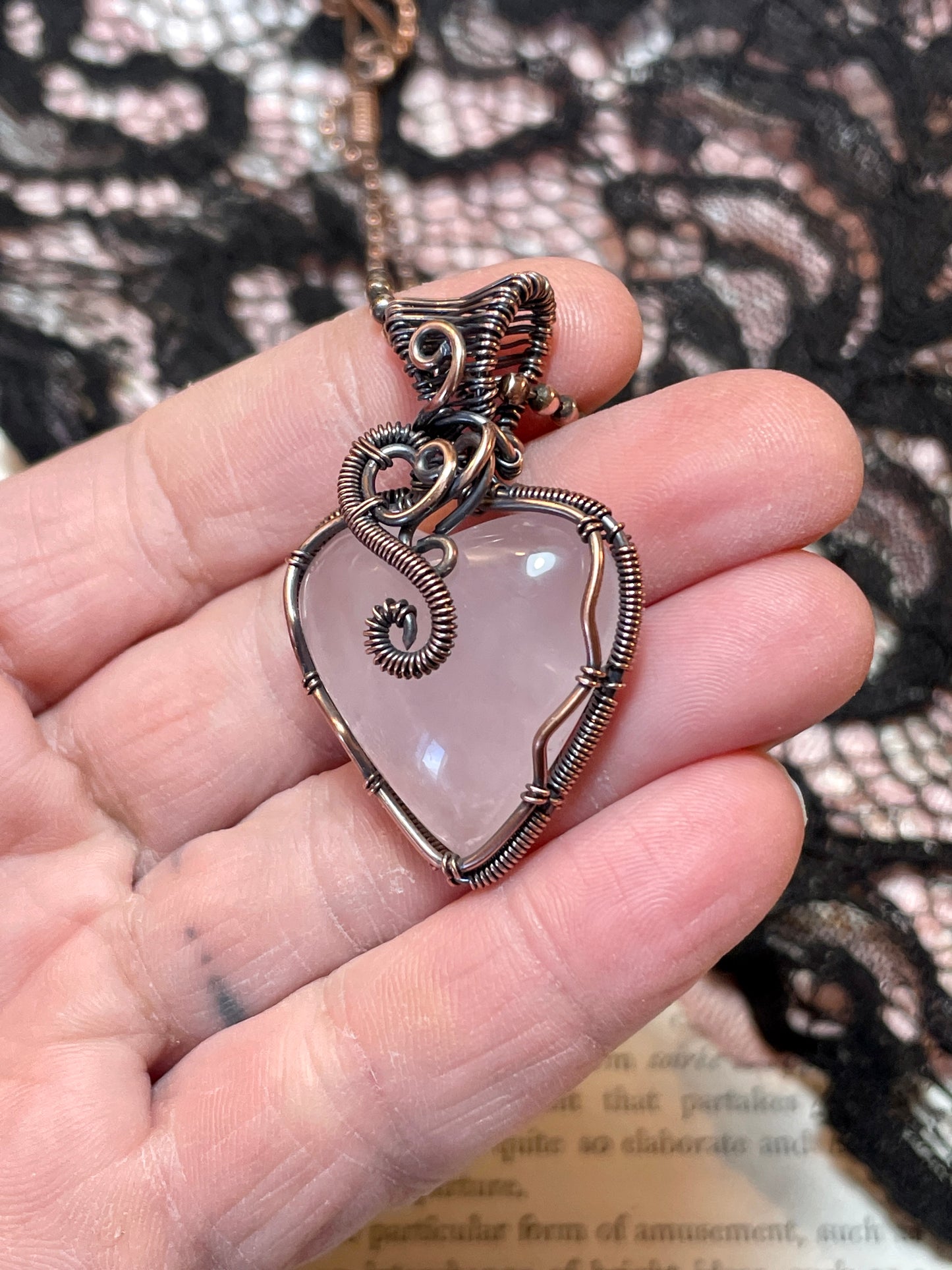 Rose Quartz Heart Pendant in Copper