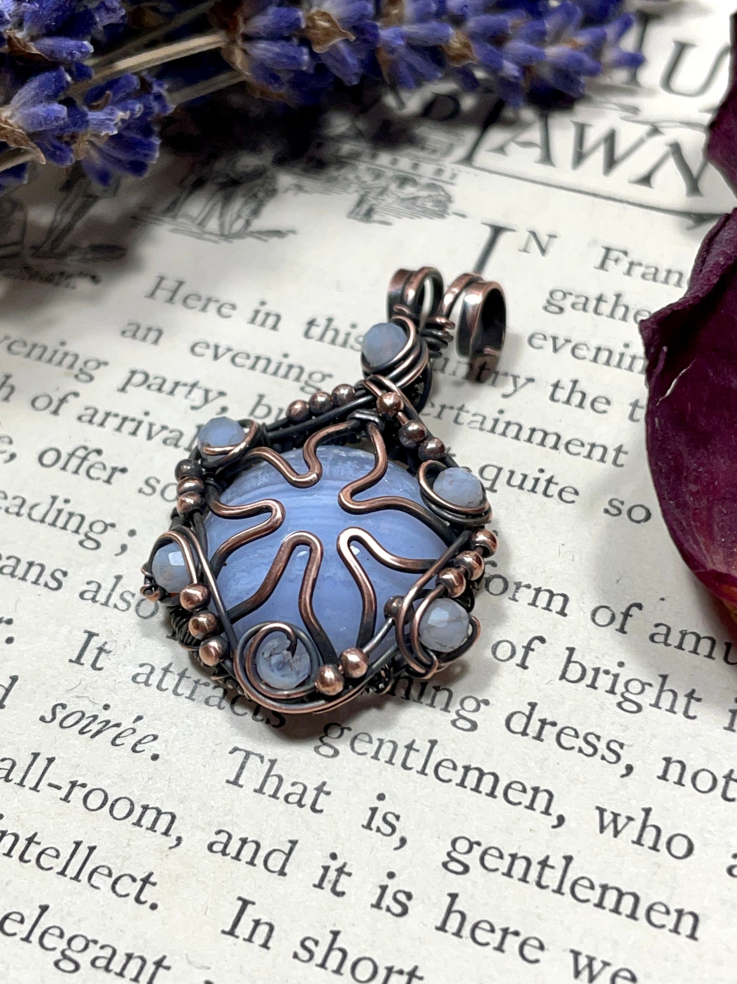 Blue Lace Agate Flower Pendant in Copper