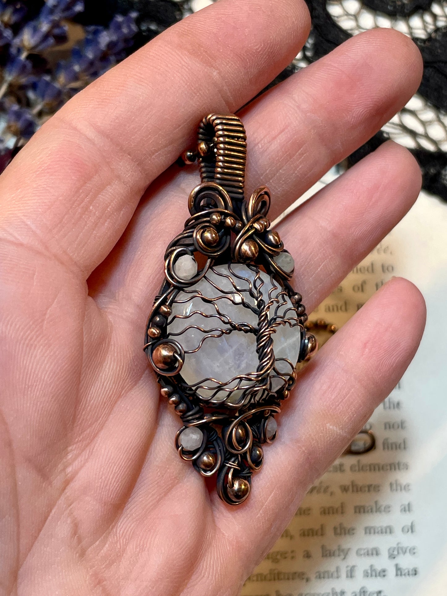 Rainbow Moonstone Tree of Life Amulet in Copper