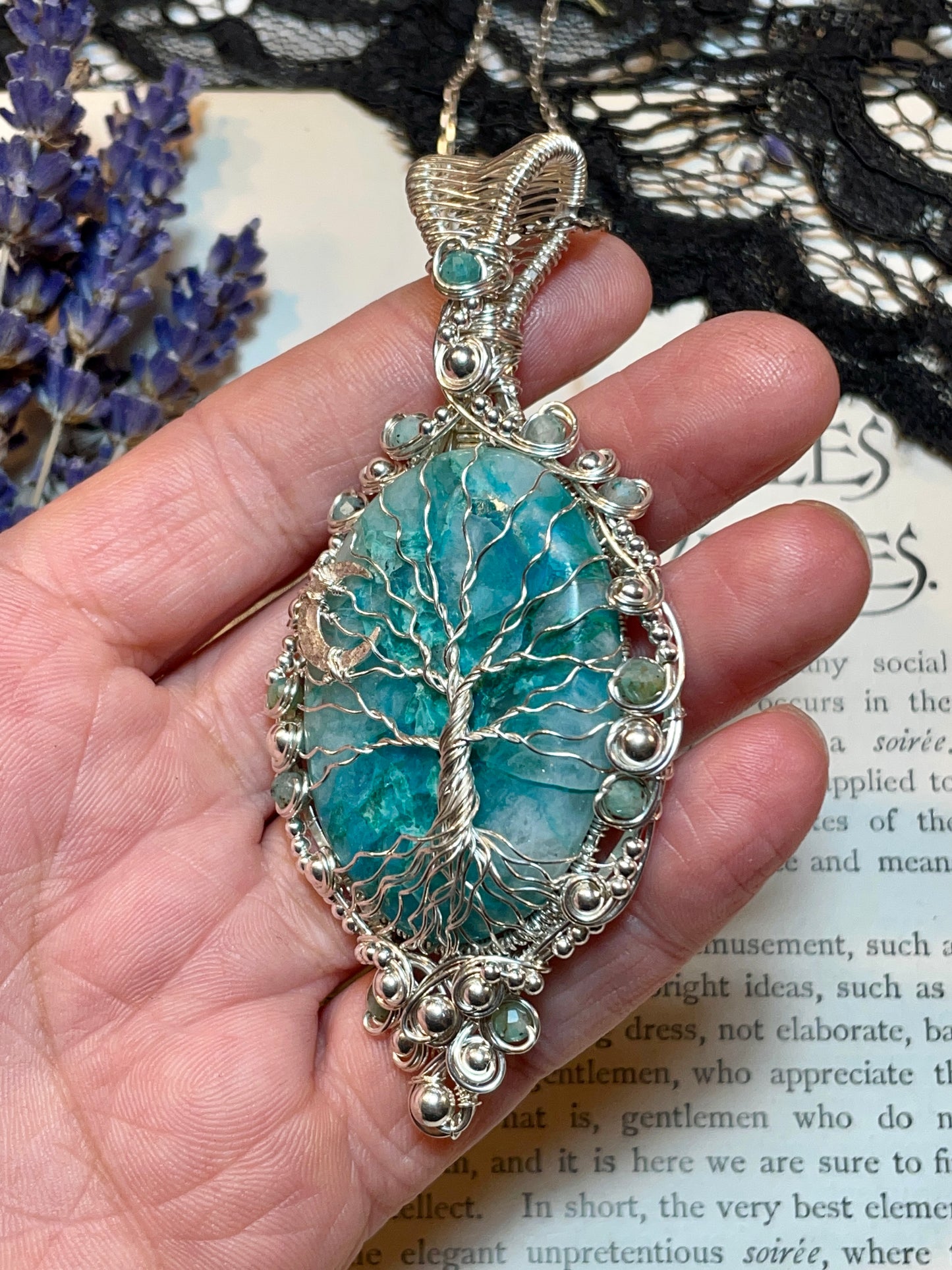 Chrysocolla Quartz Tree of Life Pendant in Sterling Silver