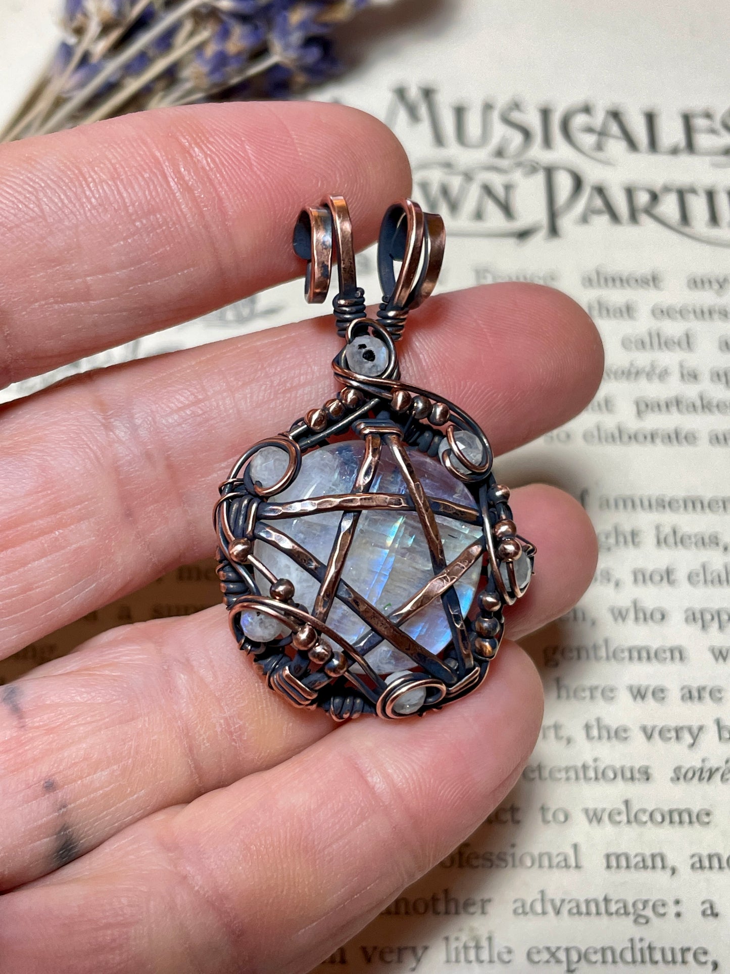 Rainbow Moonstone Pentacle Pendant in Copper