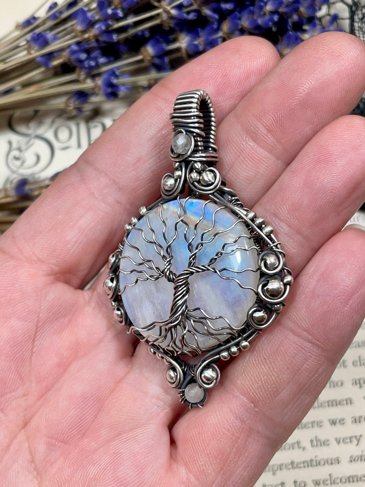 Moonstone (Rainbow Moonstone) Tree of Life Pendant in Sterling Silver