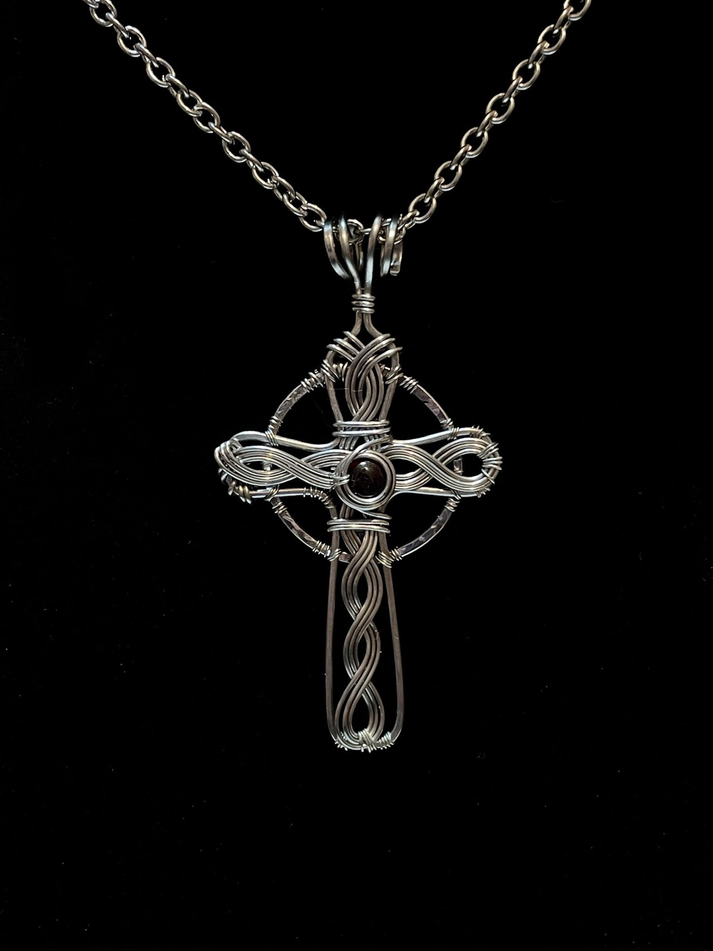 Garnet Celtic Cross Pendant in Stainless Steel