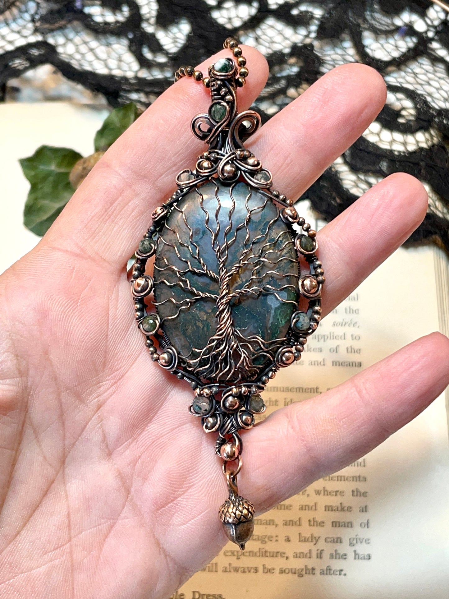 Moss Agate Tree of Life Amulet in Copper