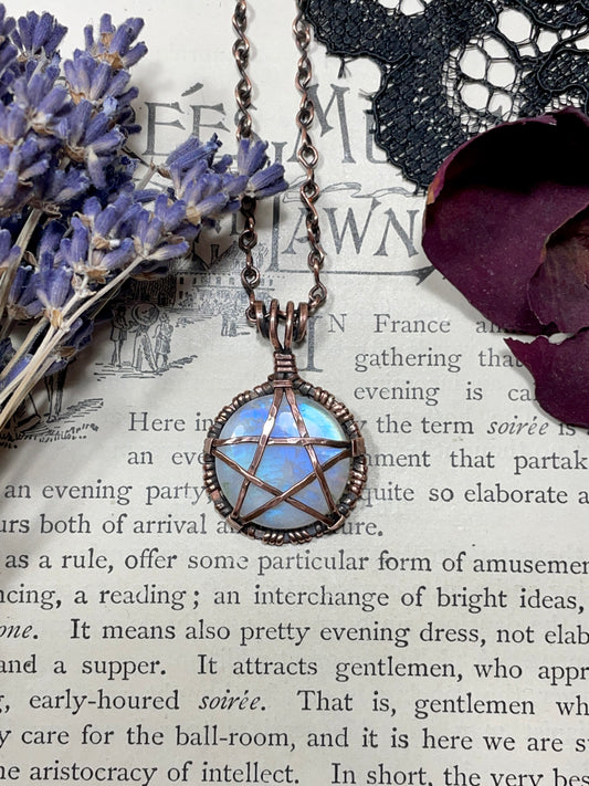 Moonstone (Rainbow Moonstone) Pentacle Pendant in Antiqued Copper
