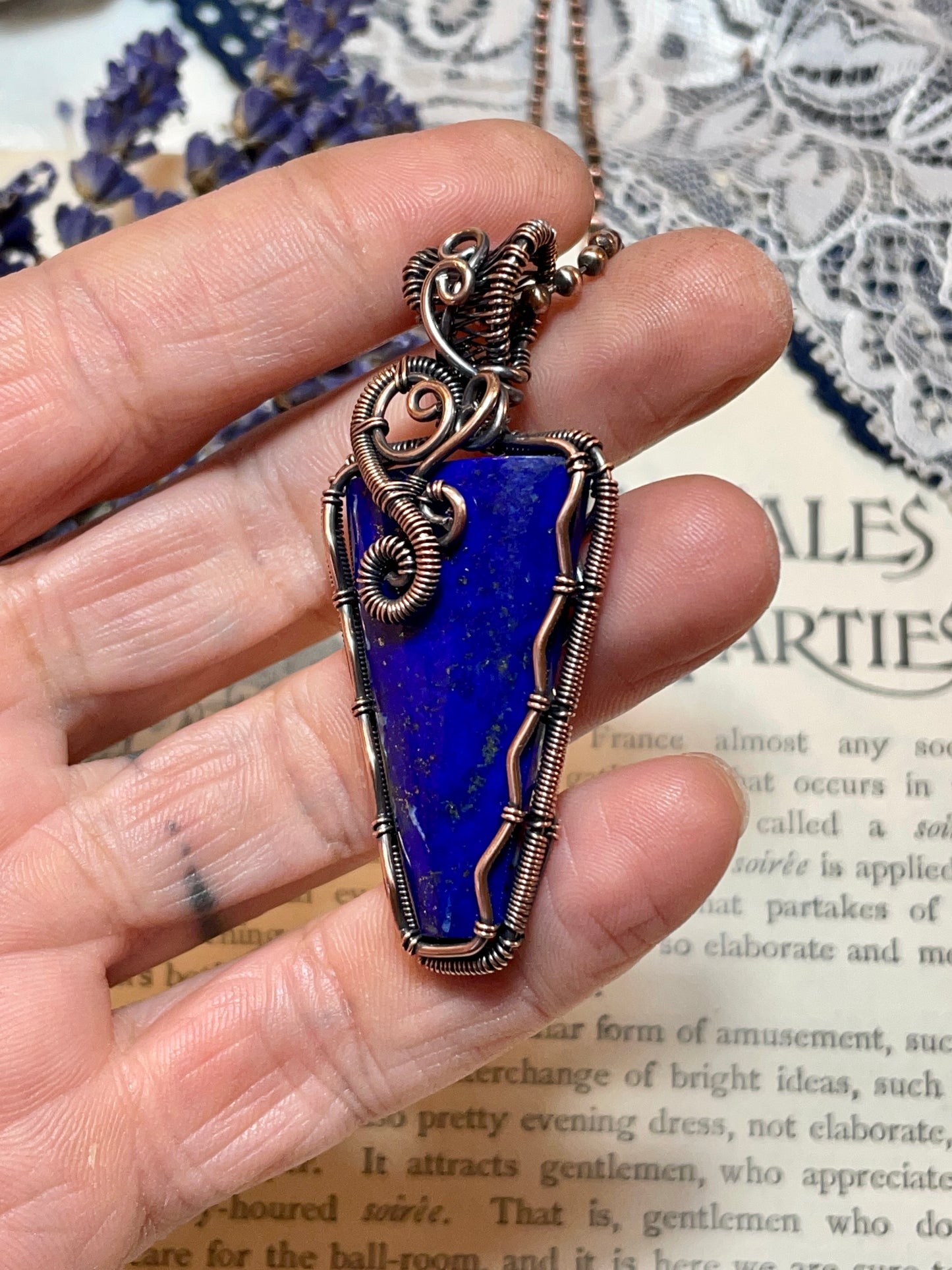Lapis Lazuli Pendant woven in Copper