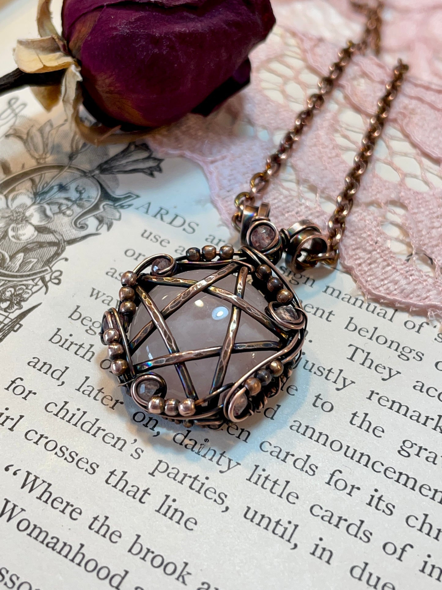 Rose Quartz and Strawberry Quartz Pentacle Pendant in Copper