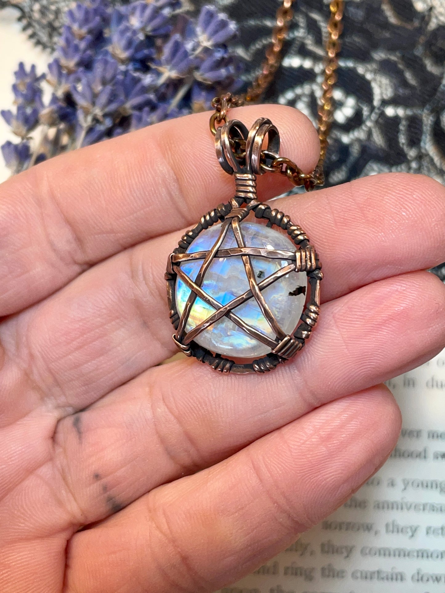 Moonstone (Rainbow Moonstone) Mini Pentacle Pendant in Antiqued Copper