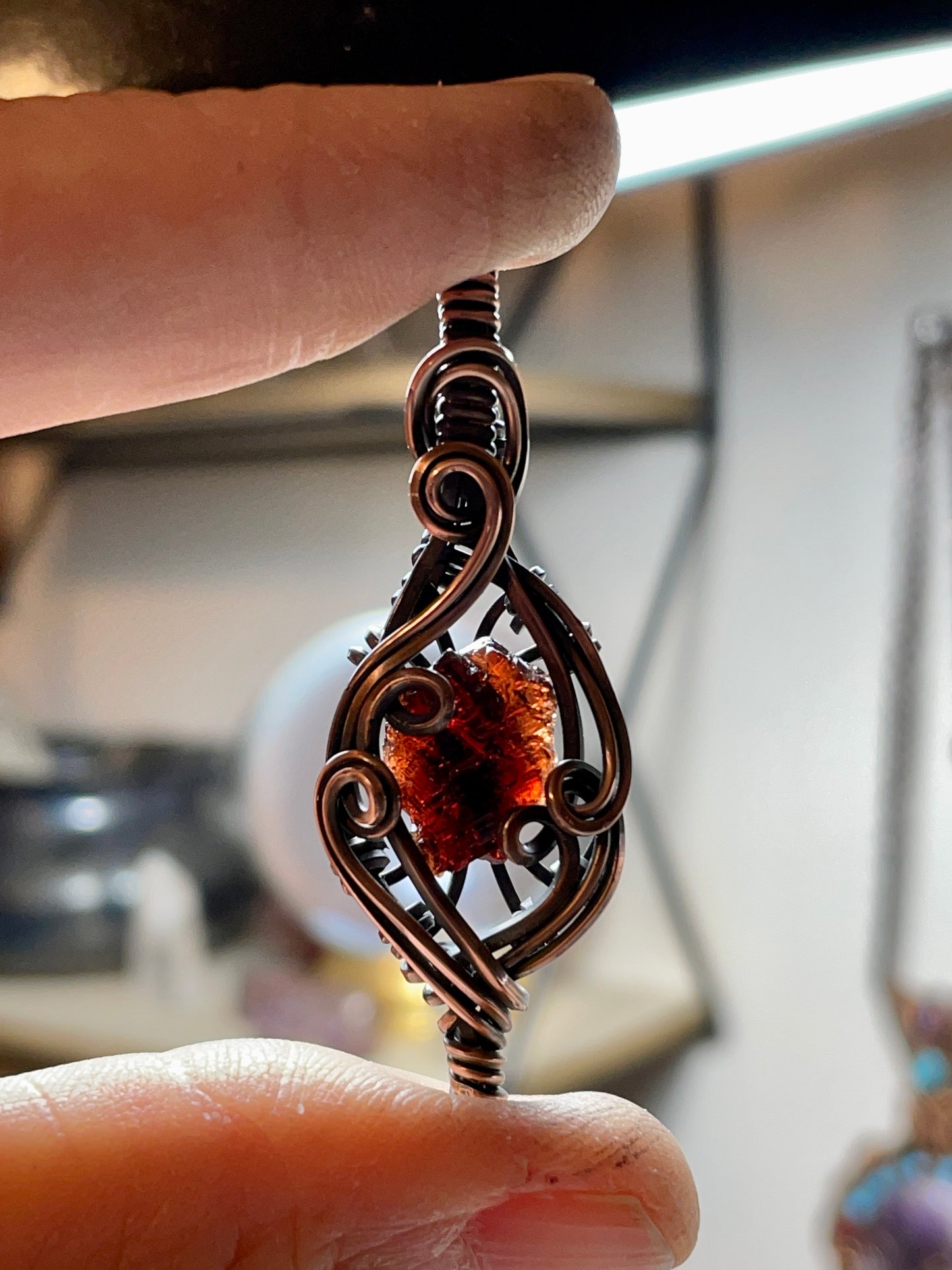 Garnet (Natural Raw Etched Spessartine Garnet) Pendant in Copper