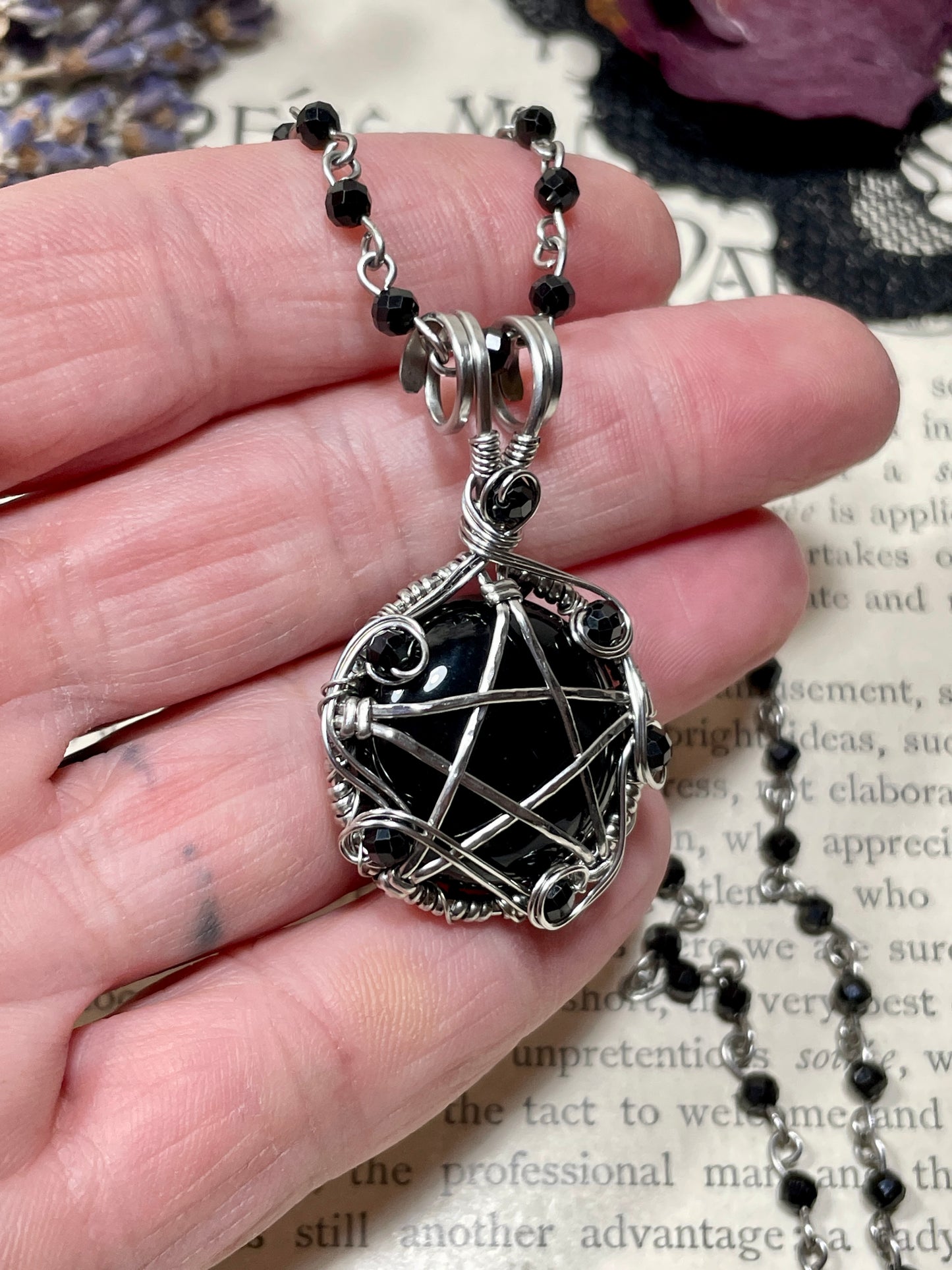 Onyx and Spinel Pentacle Pendant in Stainless Steel
