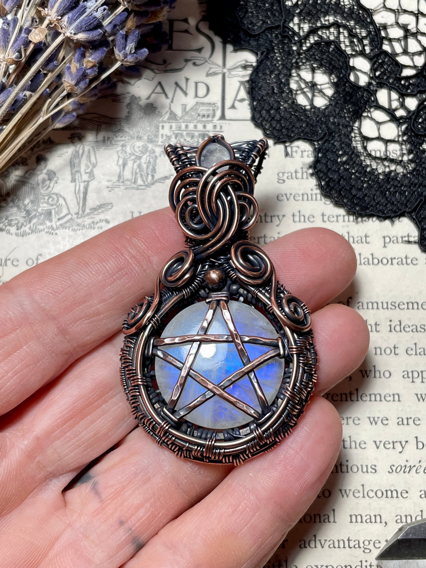 Rainbow Moonstone Pentacle Pendant in Copper