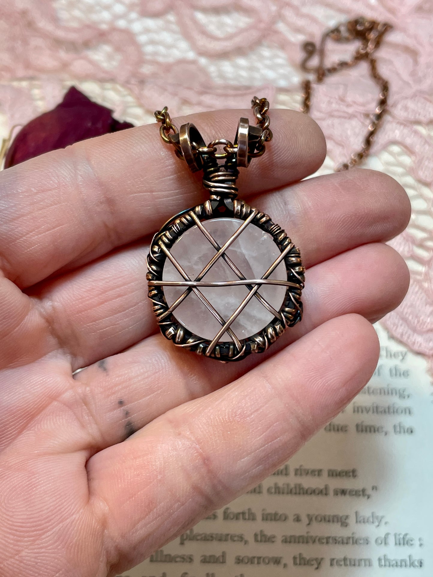 Rose Quartz and Strawberry Quartz Pentacle Pendant in Copper