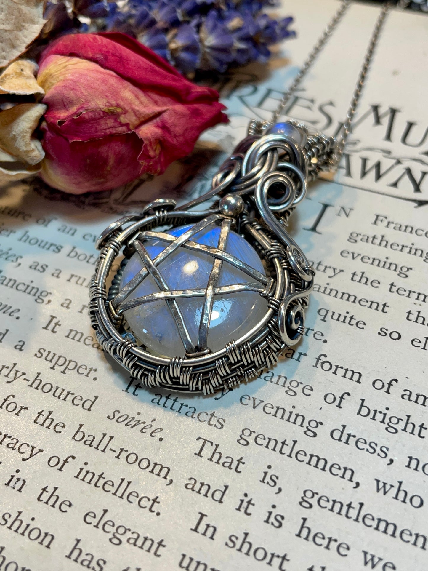 Moonstone (Rainbow Moonstone) Pentacle Pendant in Sterling Silver