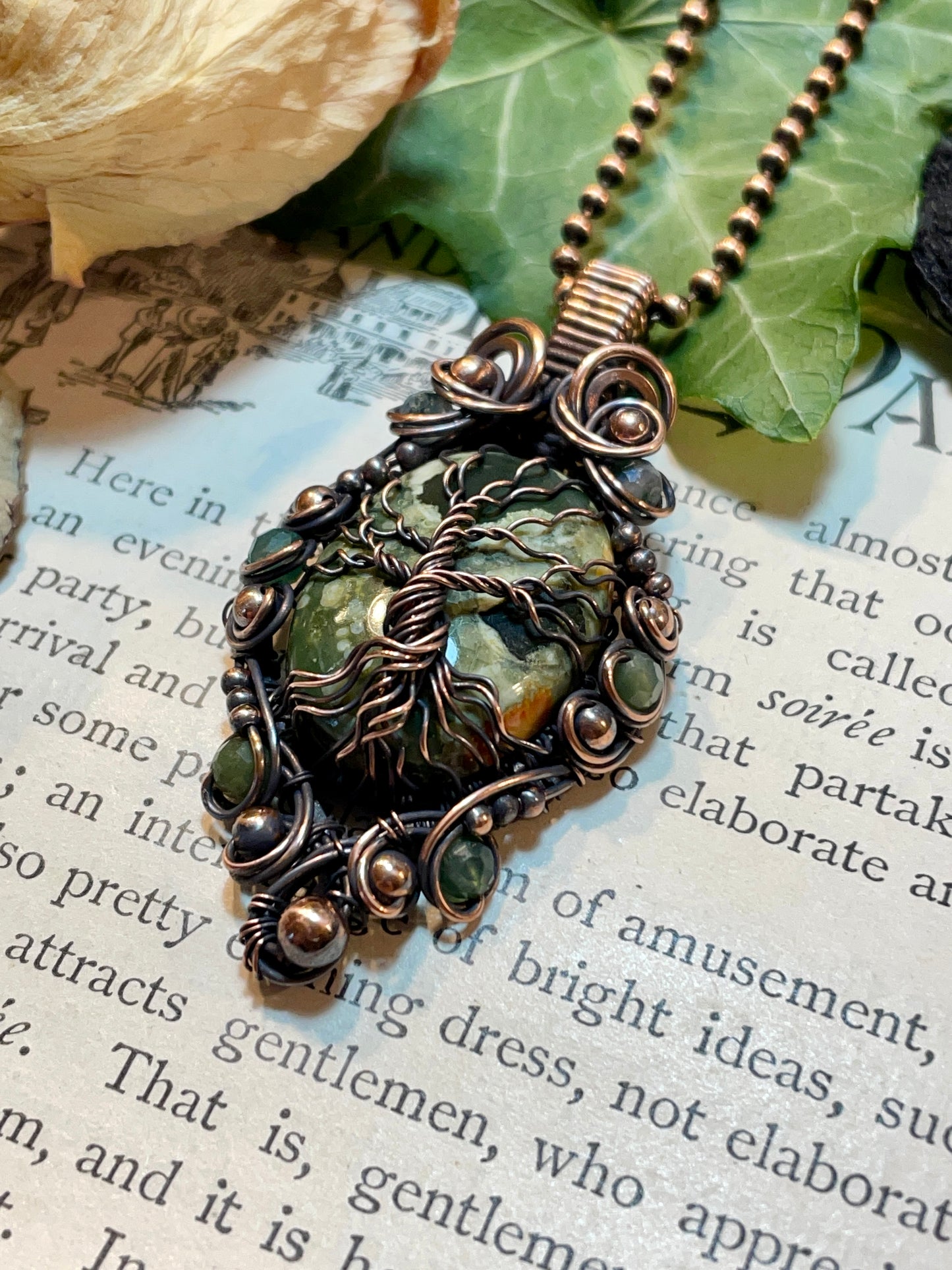 Jasper (Rainforest Jasper) Tree of Life Amulet in Copper