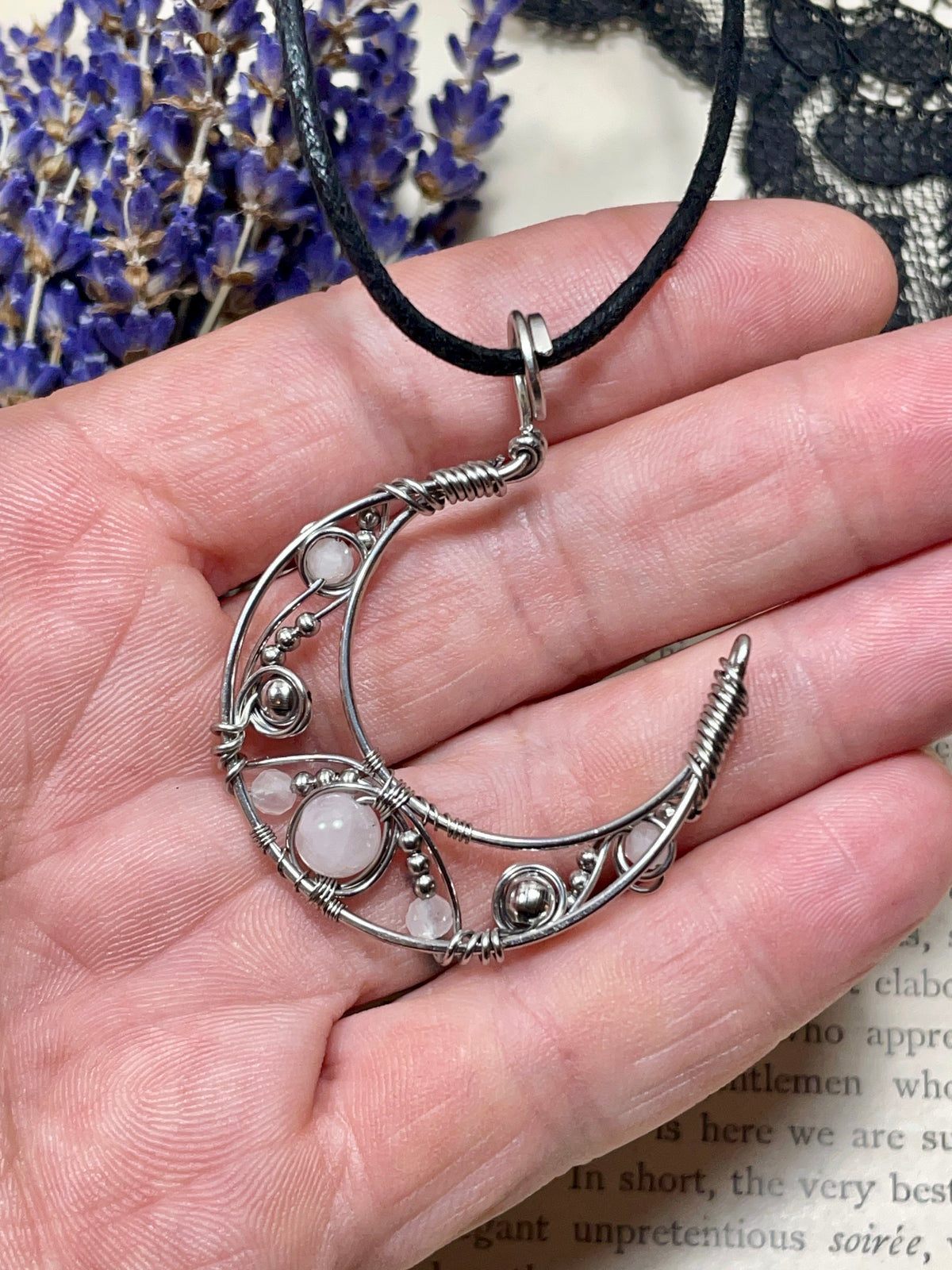Rose Quartz Crescent Moon Pendant in Stainless Steel