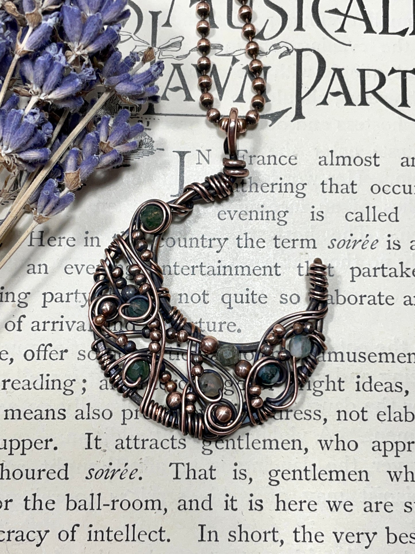 Moss Agate Crescent Moon Pendant in Copper