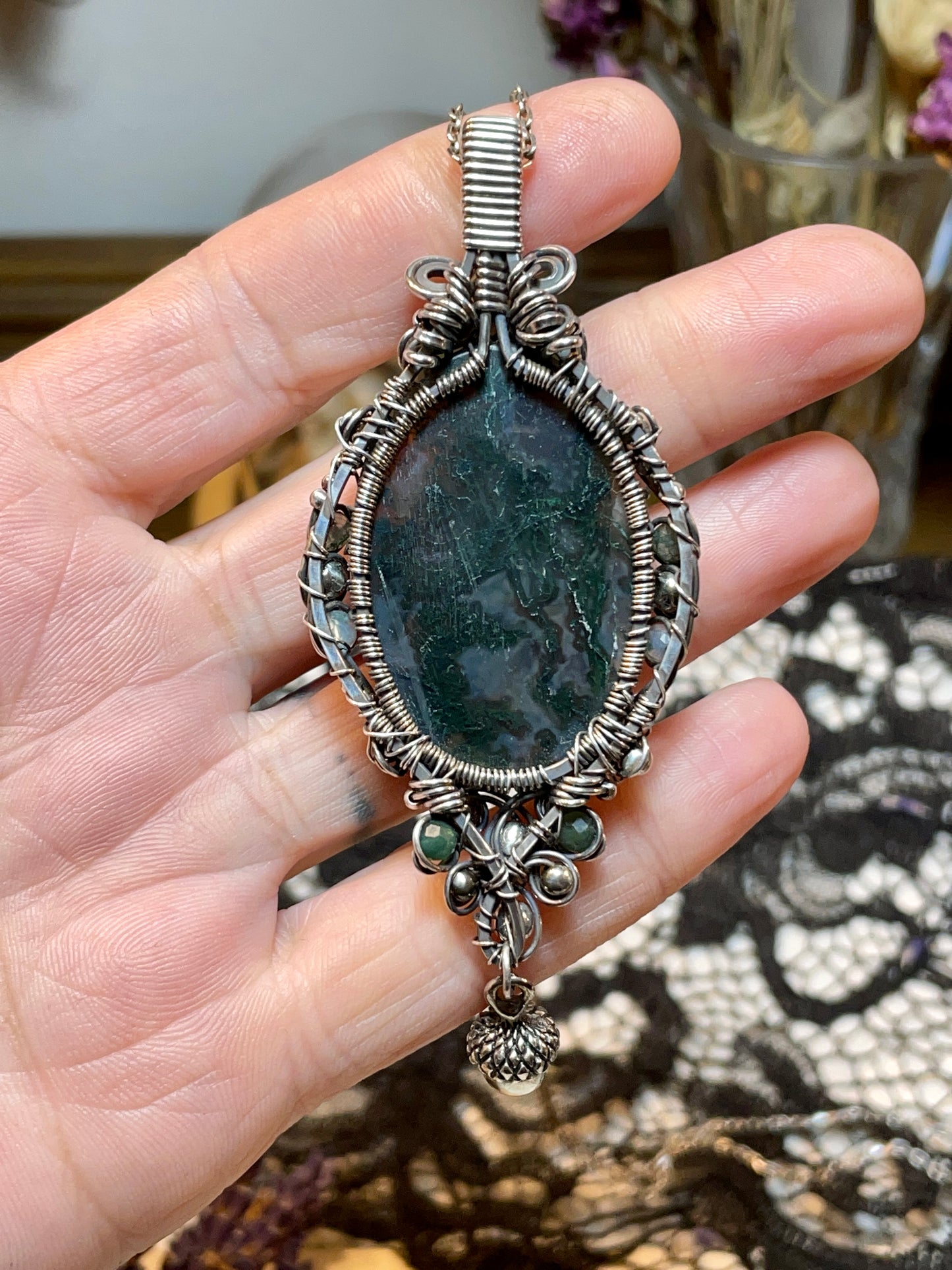 Moss Agate Tree of Life Amulet in Sterling Silver