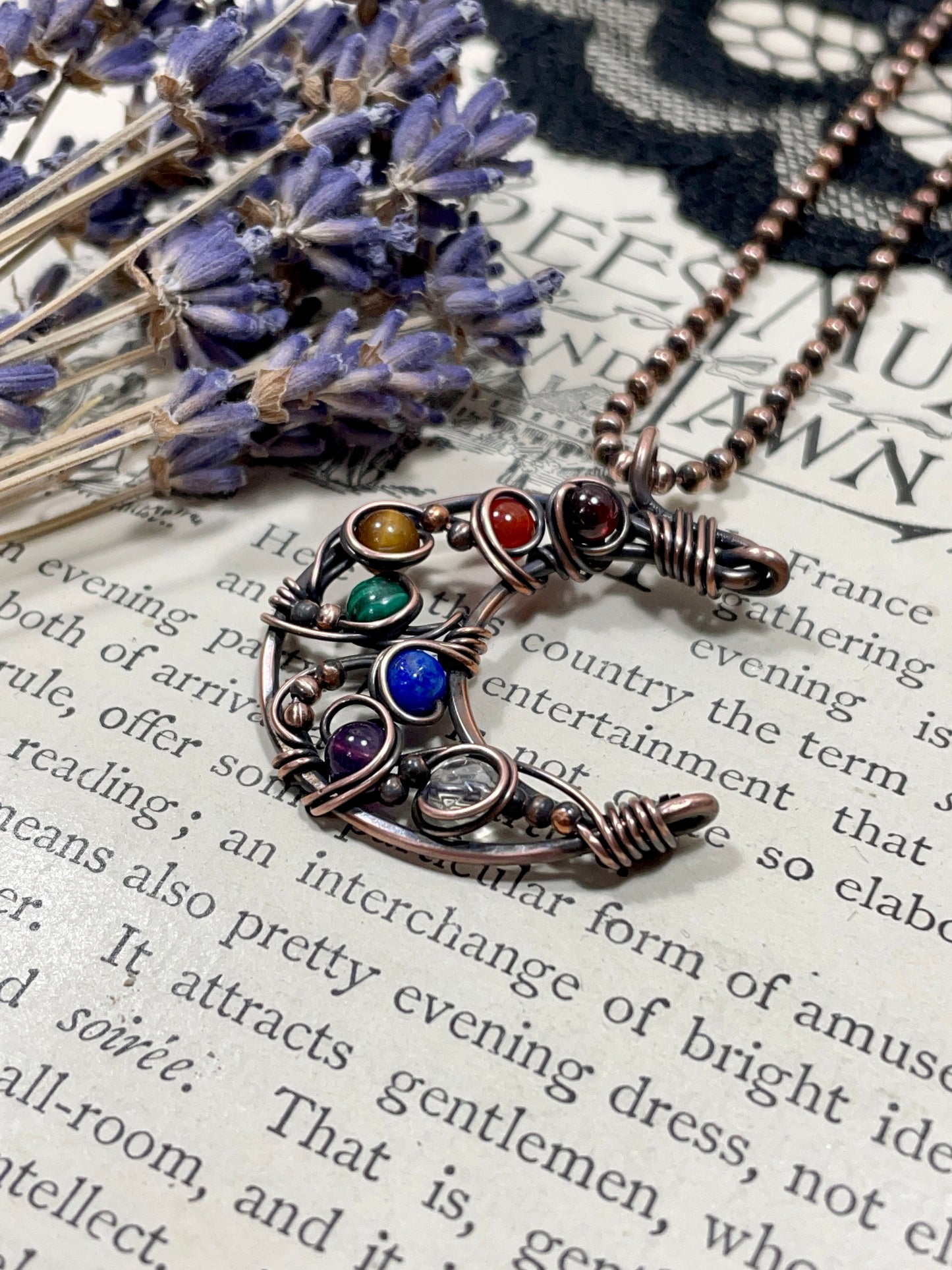 Chakra Rainbow Crescent Moon Pendant in Copper