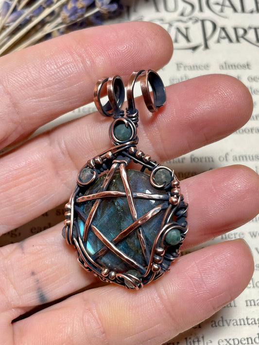Labradorite Pentacle Pendant in Antique Copper