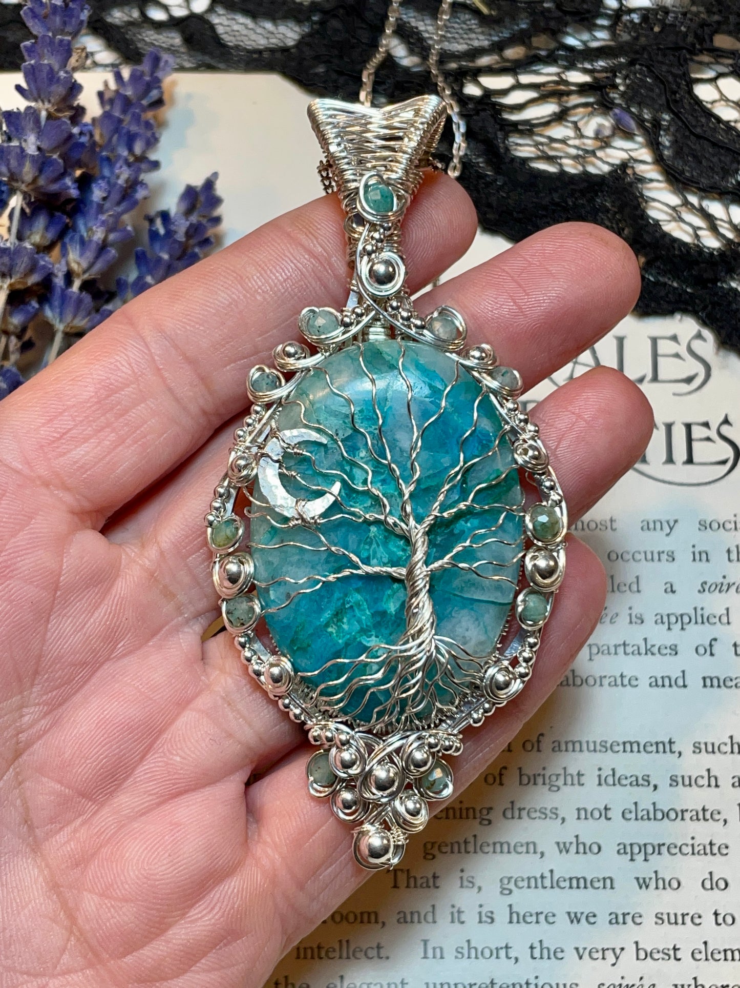 Chrysocolla Quartz Tree of Life Pendant in Sterling Silver