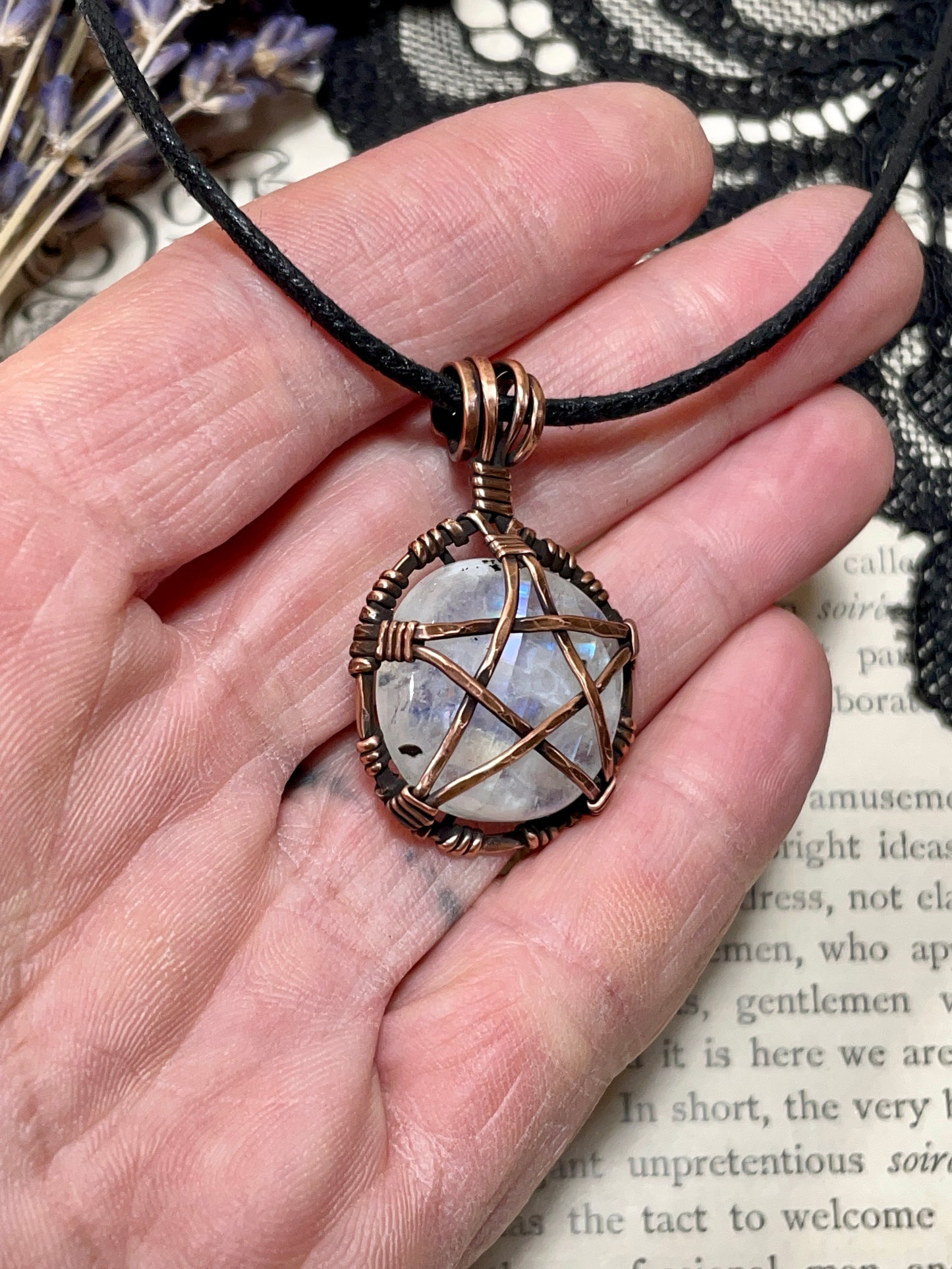 Moonstone (Rainbow Moonstone) Pentacle Pendant in Antiqued Copper