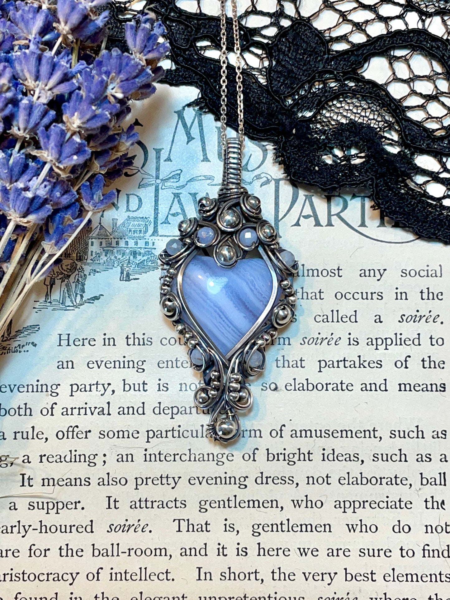 Blue Lace Agate Heart Pendant in Sterling Silver