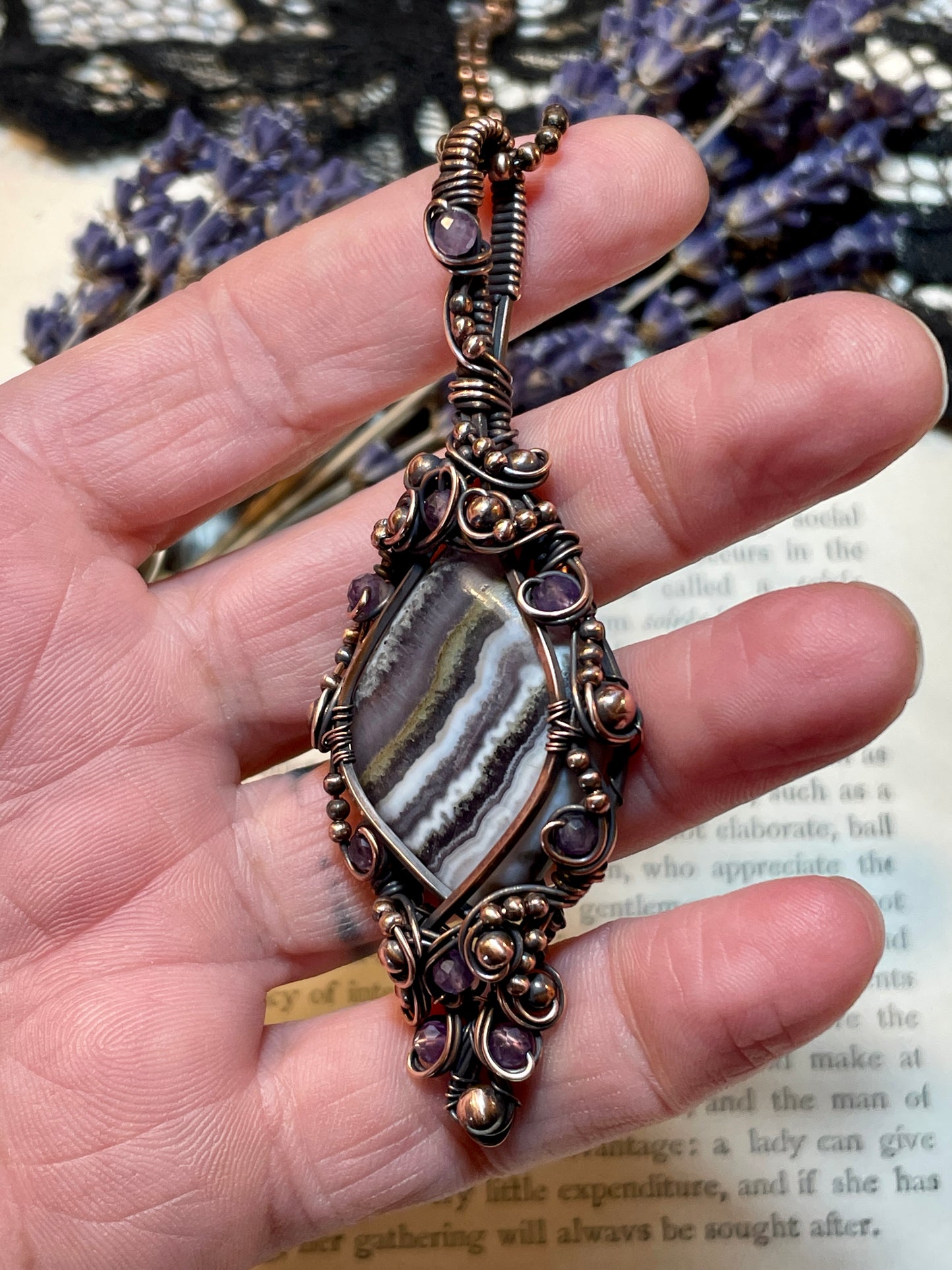 Amethyst Lace Agate Pendant in Copper