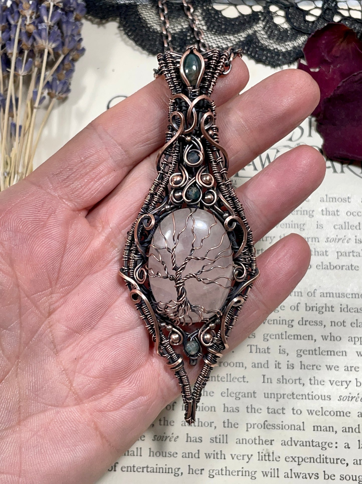 Rose Quartz and Moss Agate Tree of Life Pendant in Copper