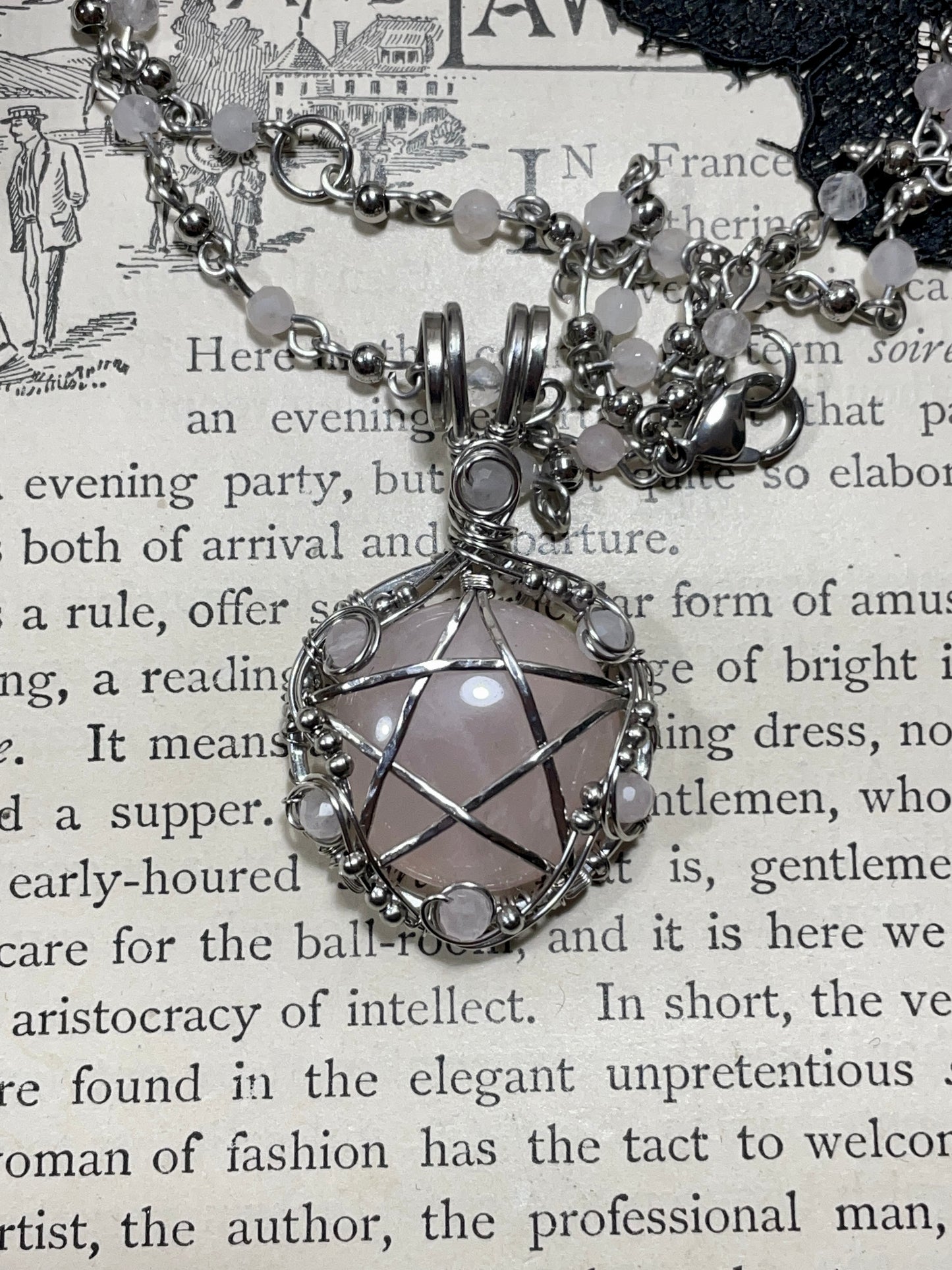 Rose Quartz Pentacle Pendant in Stainless Steel