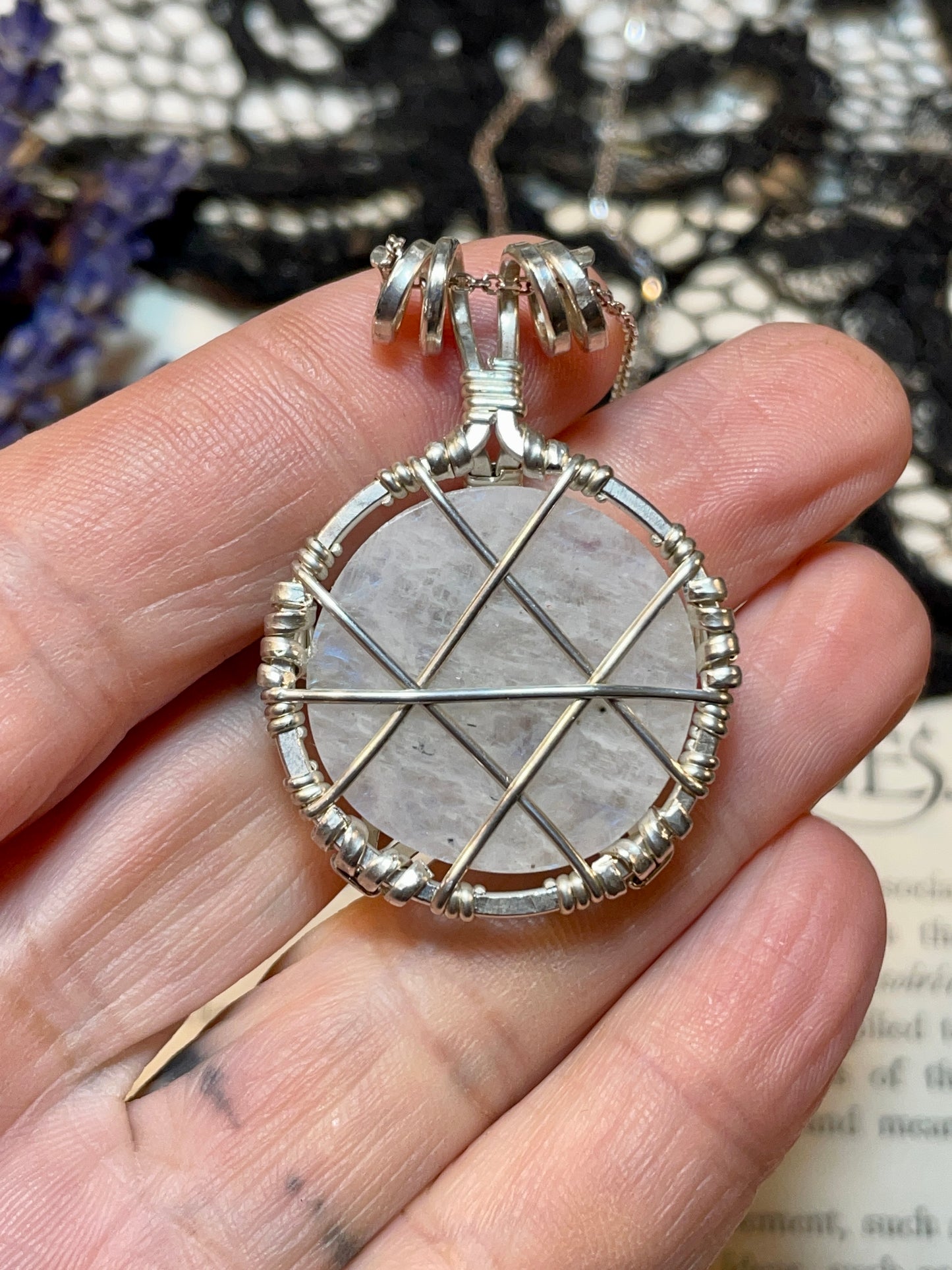 Moonstone (Rainbow Moonstone) Pentacle Pendant in Sterling Silver