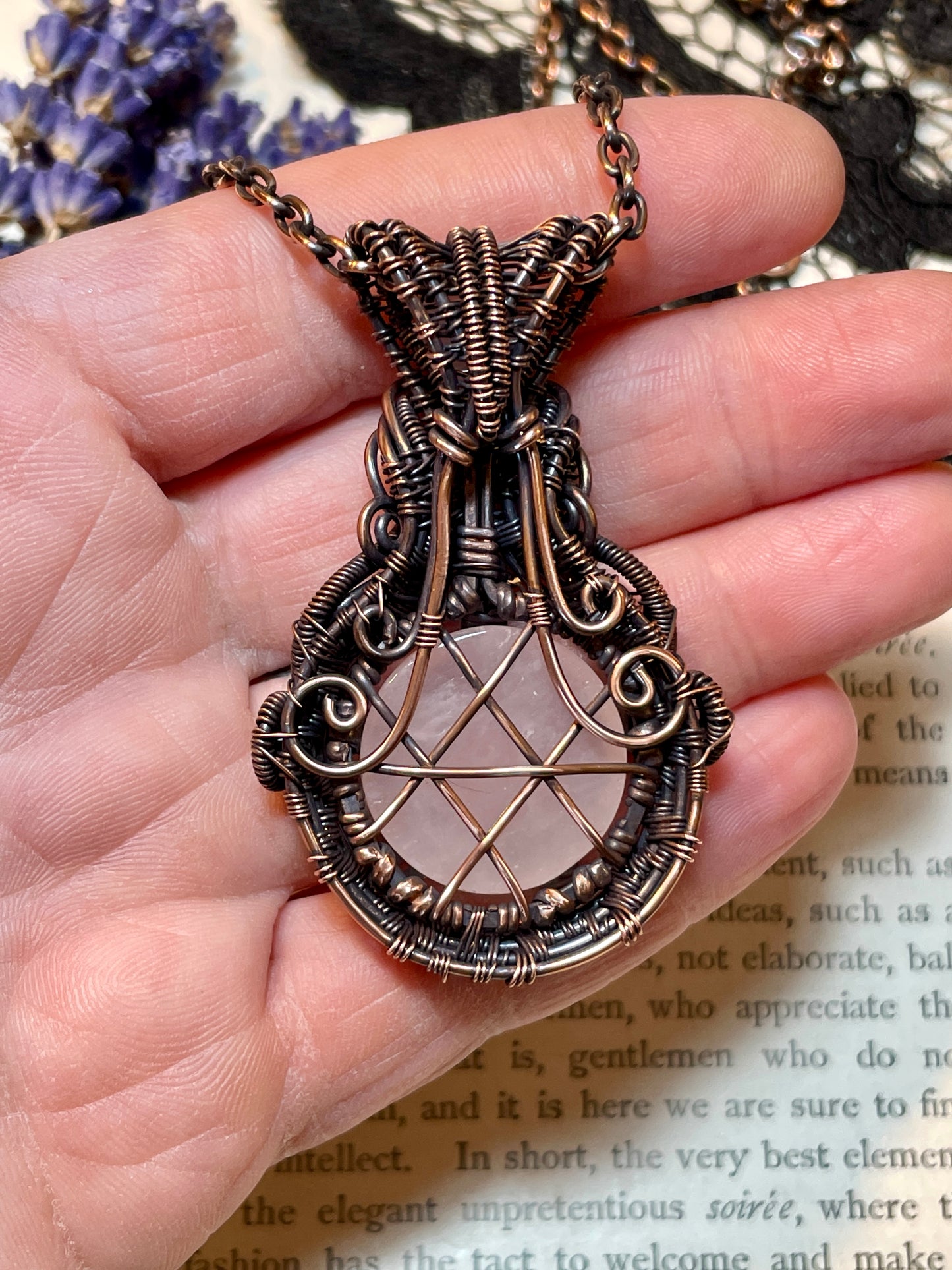 Rose Quartz Pentacle Pendant in Copper