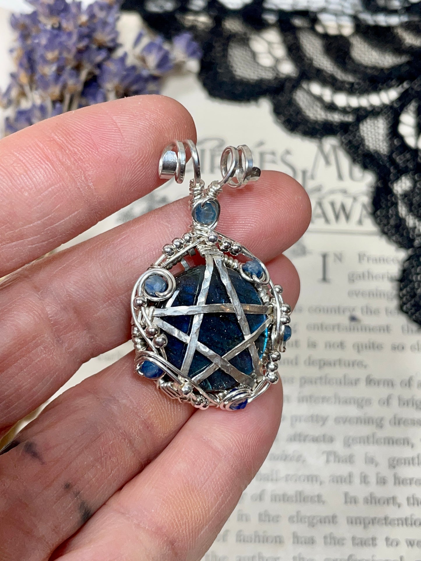 Labradorite and Kyanite Pentacle Pendant in Sterling Silver