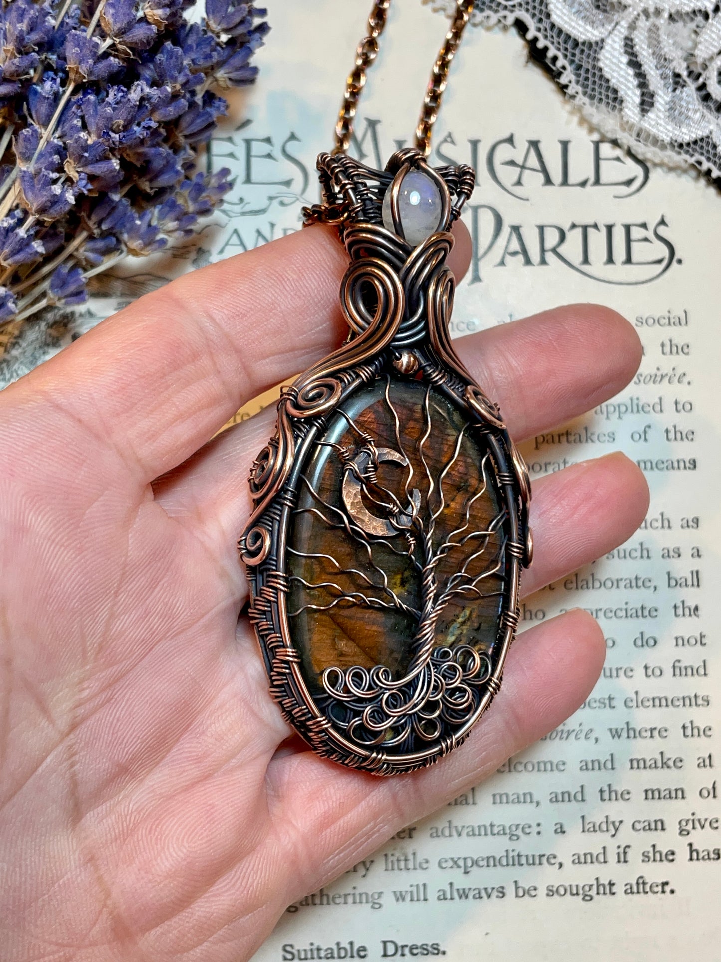 Labradorite Crescent Moon Tree of Life Amulet in Copper